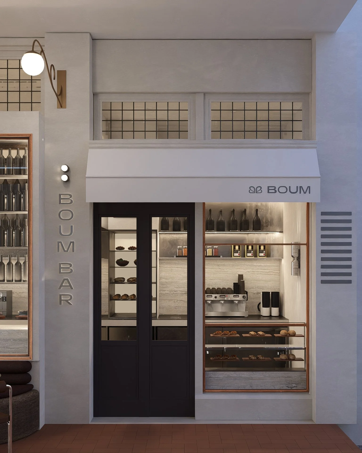 Interior view of a bakery with display shelves filled with bread and baked goods, a coffee machine, and a sign that reads 'BOUM'.