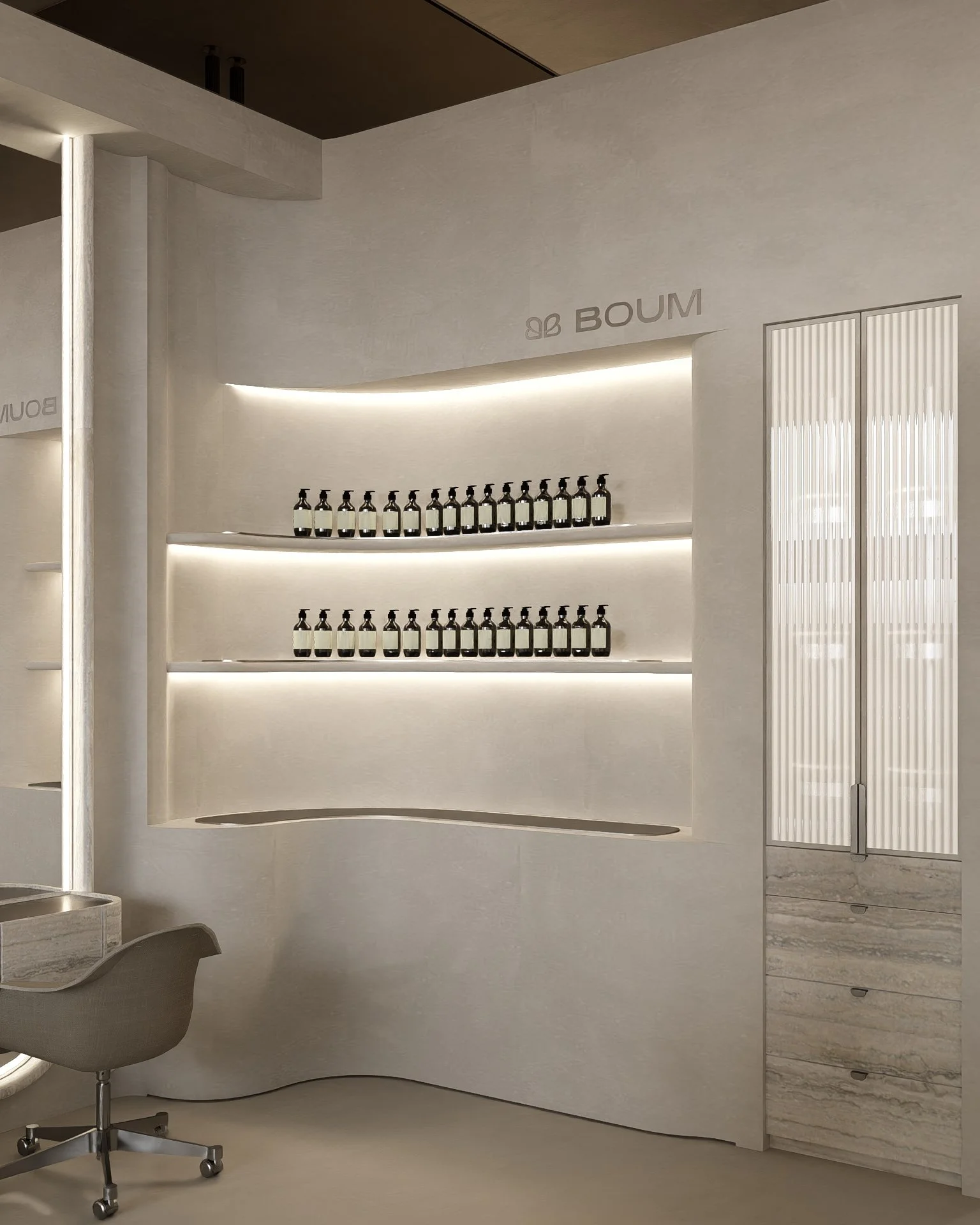 Modern interior with a curved wall and shelf displaying multiple black bottles with white labels, illuminated by soft lighting, with the logo 'BOUM' on the wall and a sleek sliding door on the right.