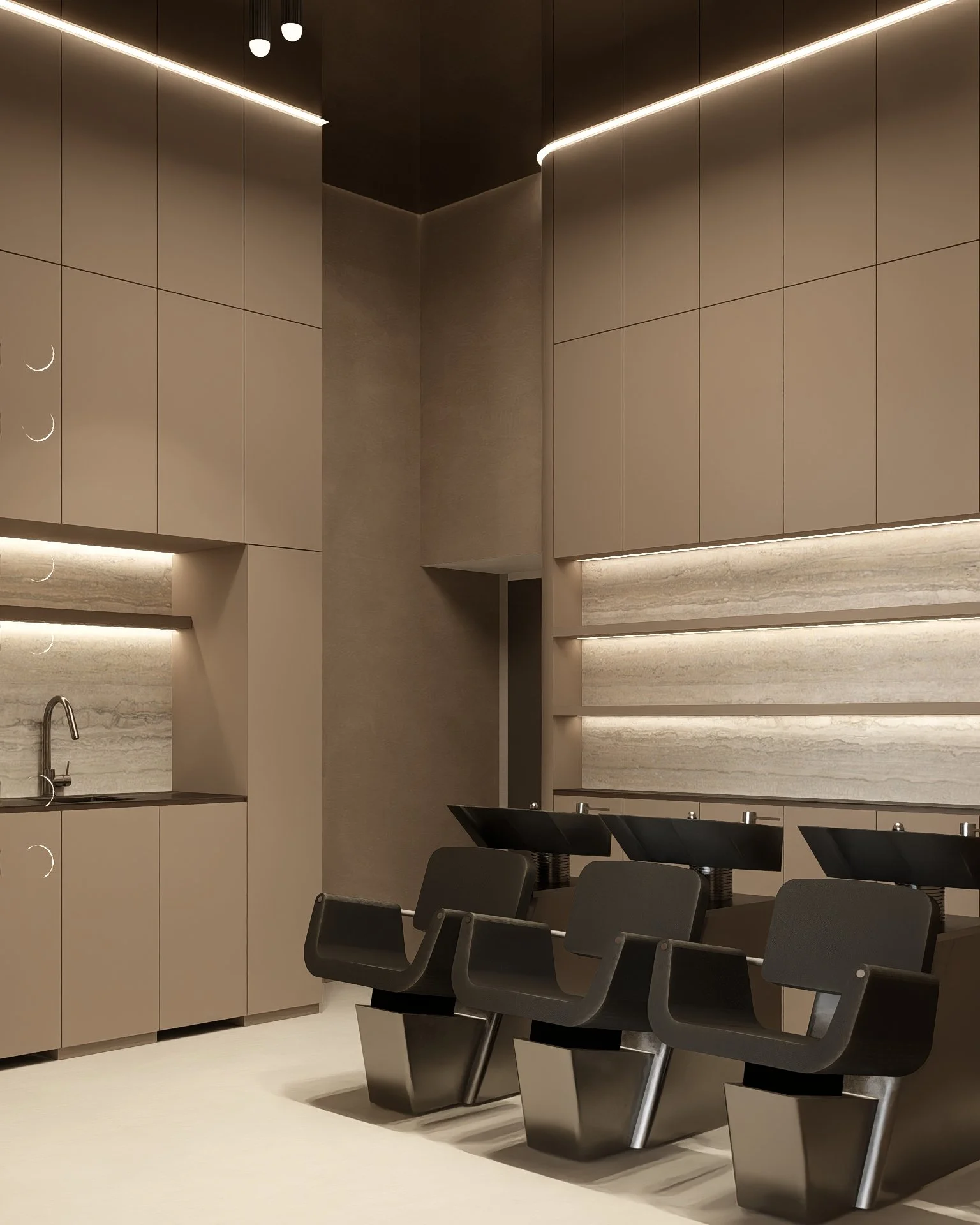Modern kitchen with beige cabinets, gray chairs, and a backsplash with horizontal lighting.