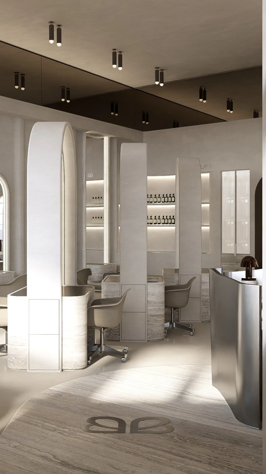 Modern minimalist interior with curved white walls, built-in shelves with bottles, gray chairs, and a circular patterned marble floor.