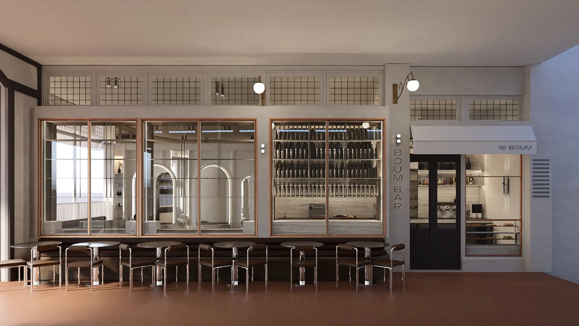 Interior of a modern restaurant with a bar, seating area, and kitchen, featuring a minimalist design, warm lighting, and decorative elements.