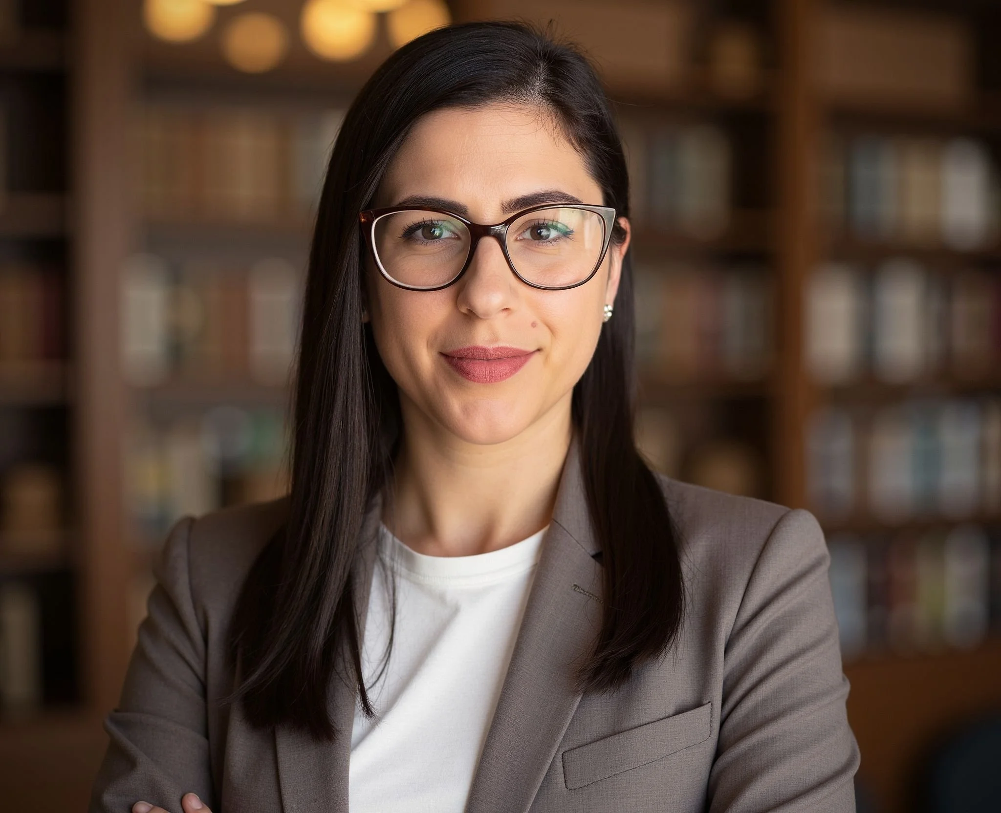 A woman with long dark hair, glasses, and earrings, wearing a gray blazer and white top, standing with arms crossed in a library.