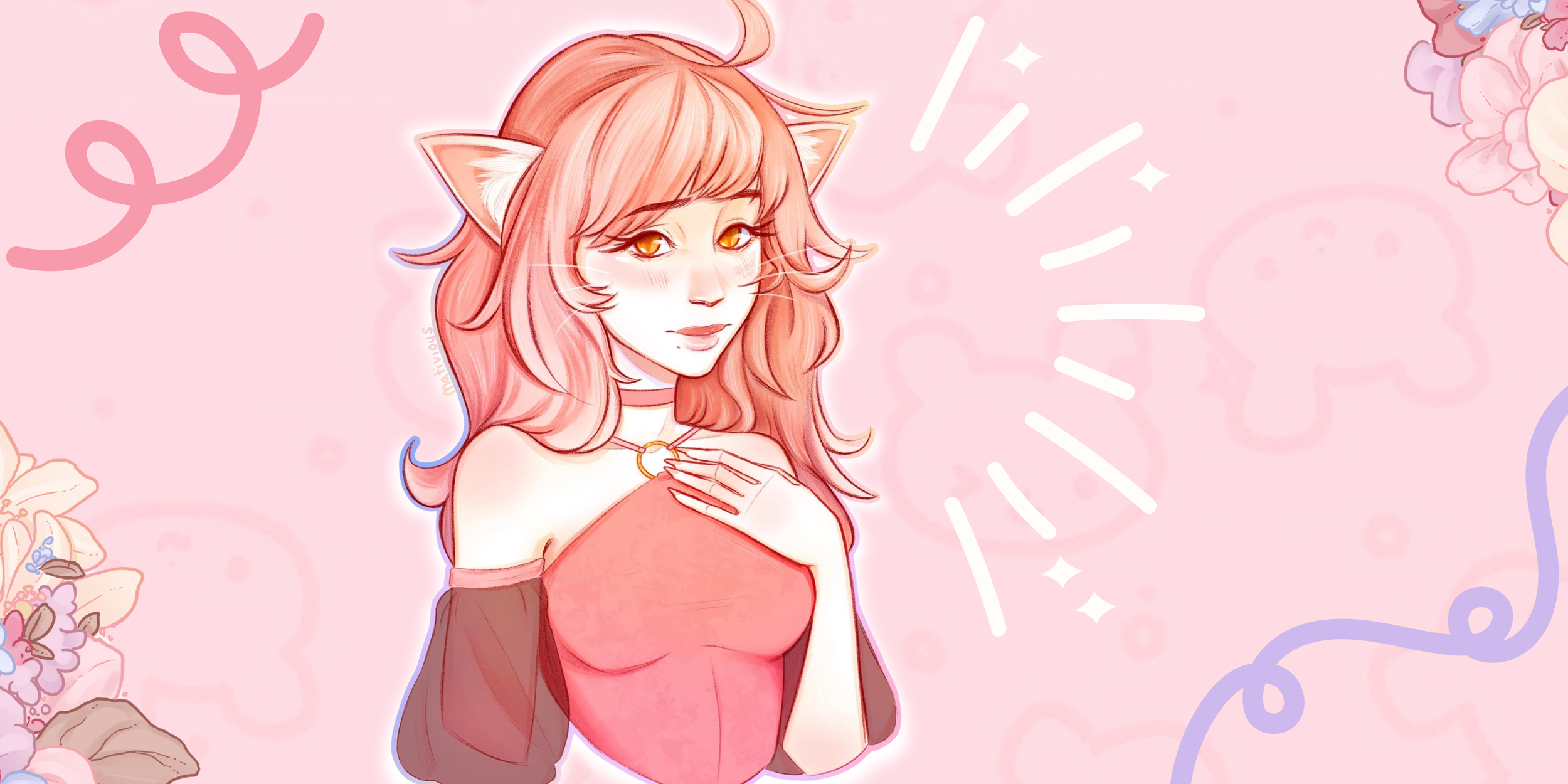 A digital illustration of a female anthropomorphic character with peach-colored hair, fox ears, and yellow eyes, wearing a off-the-shoulder pink top with sheer sleeves and a choker with a ring. She is holding her hand to her chest and blushing, with a pink background decorated with floral motifs and abstract shapes.