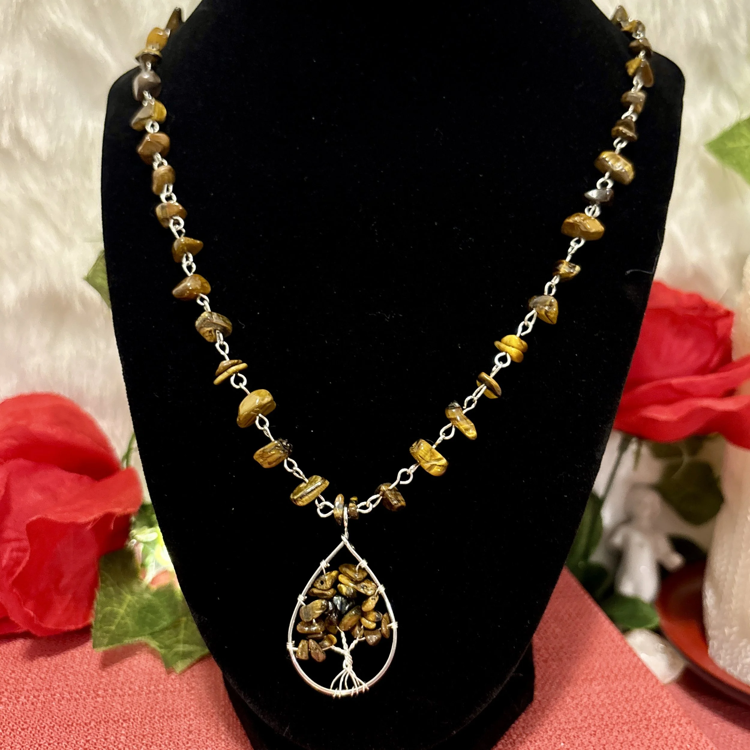 Tiger's Eye Teardrop Tree of Life Necklace