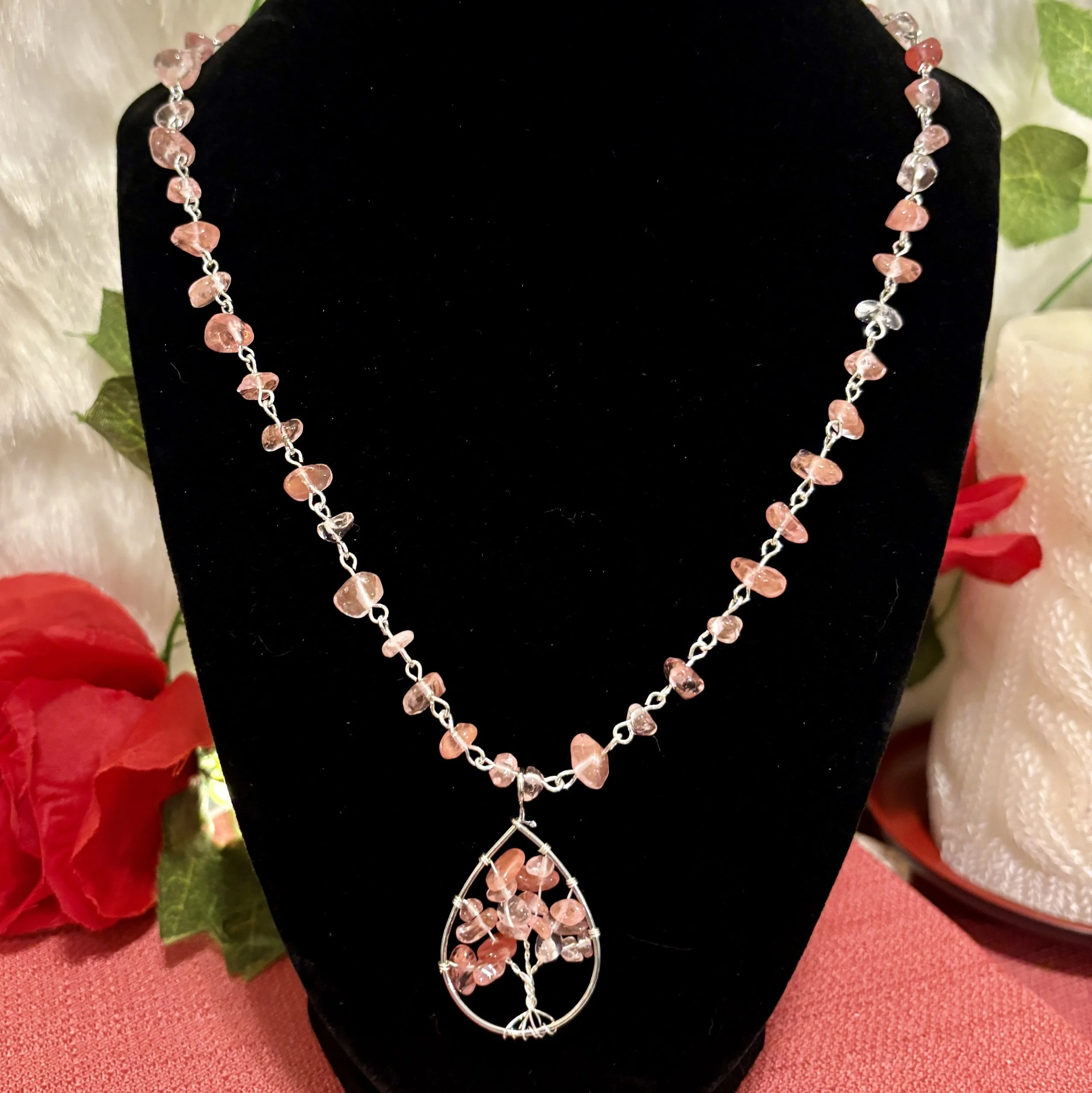 Rose Quartz Teardrop Tree of Life Necklace