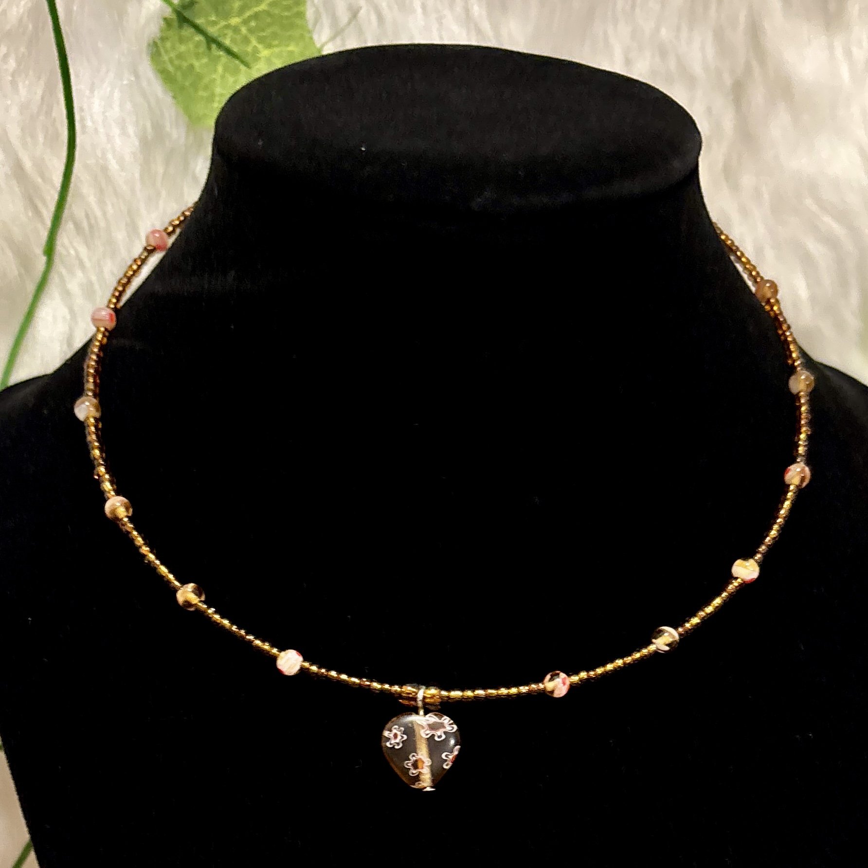 Brown Millefiori Glass Heart Choker