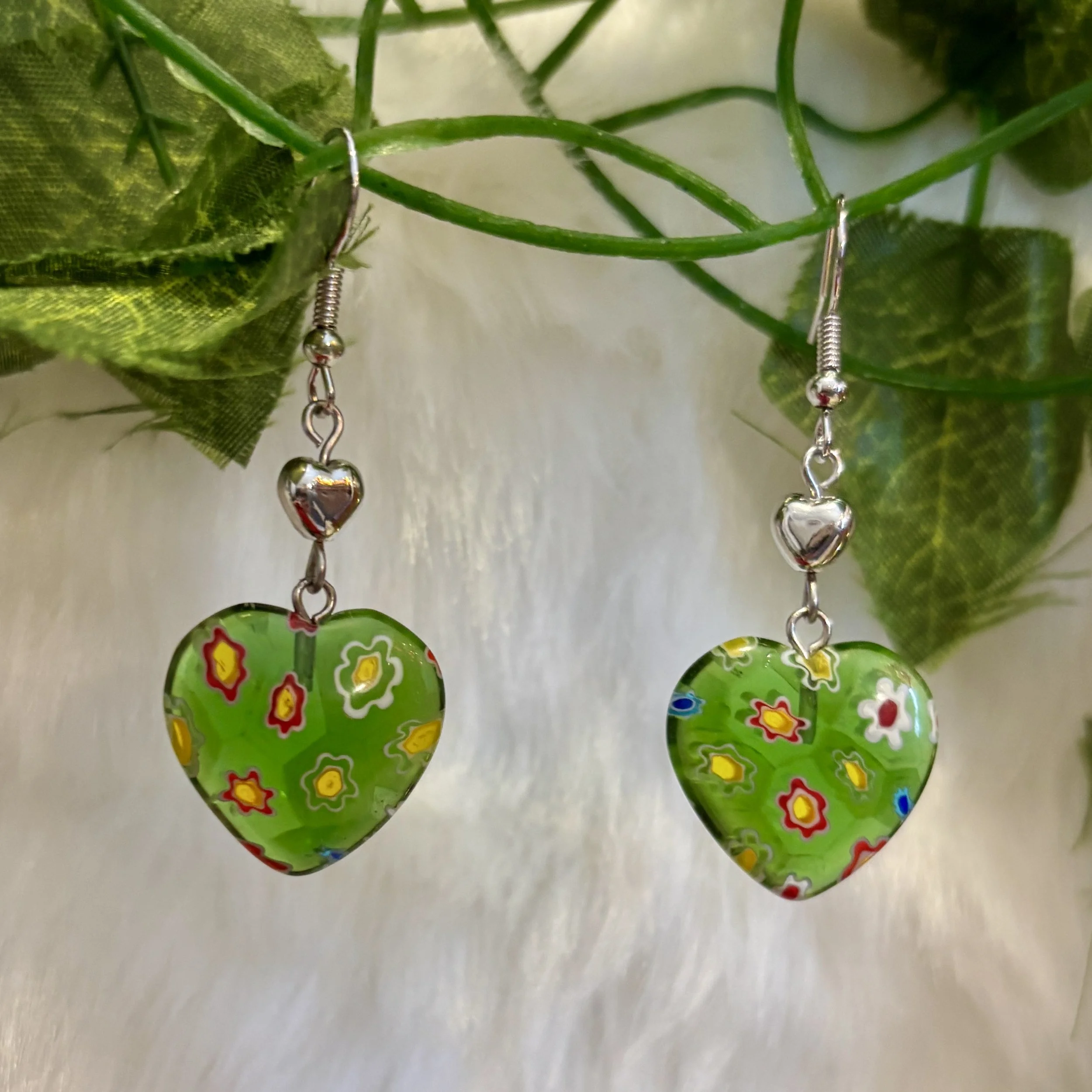 Millefiori Glass Heart Hypoallergenic Earrings