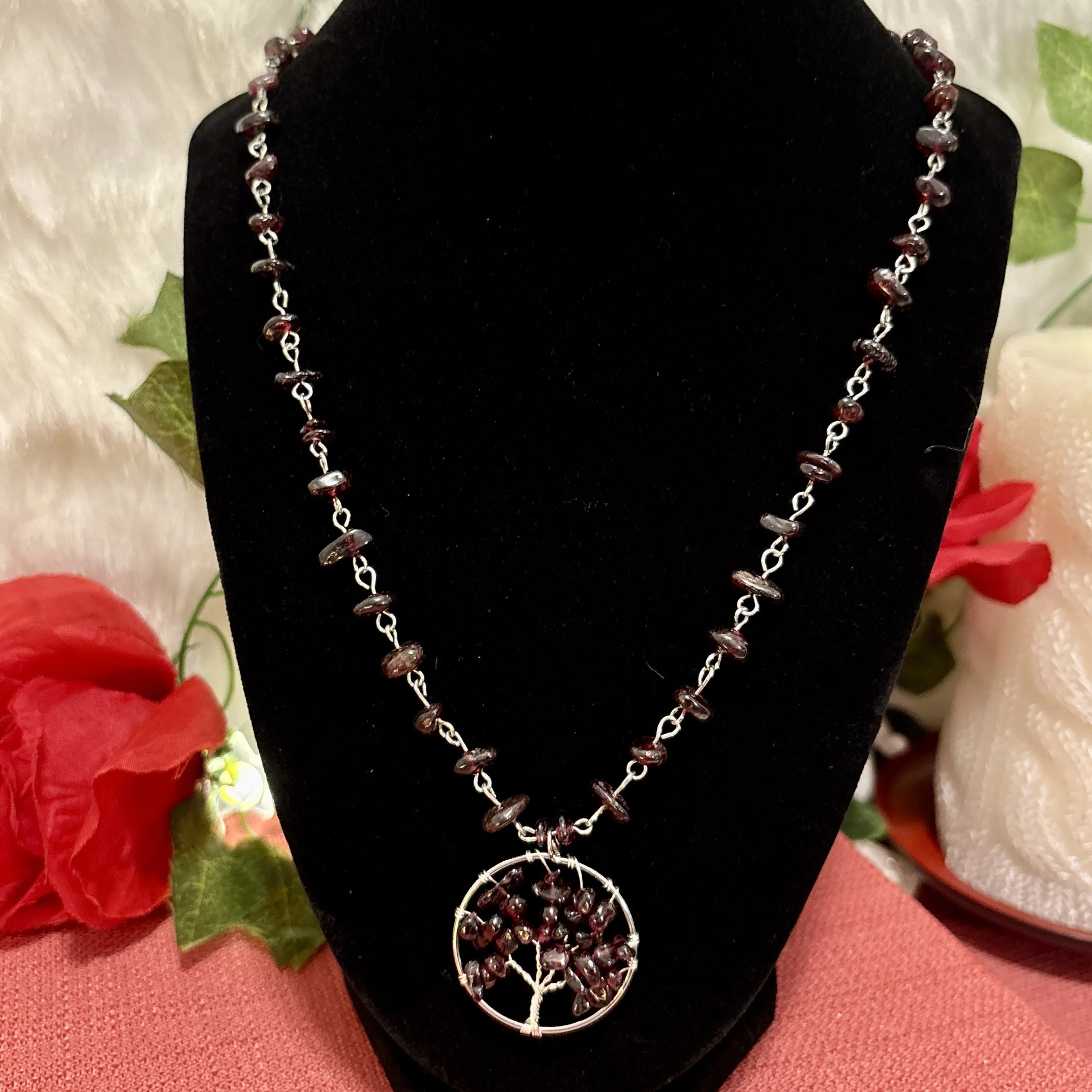 Garnet Circle Tree of Life Necklace