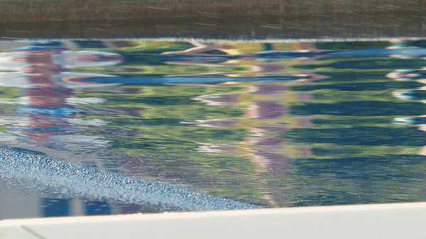 Close-up of calm water with reflections of trees and sky, and a boat's edge visible at the bottom.