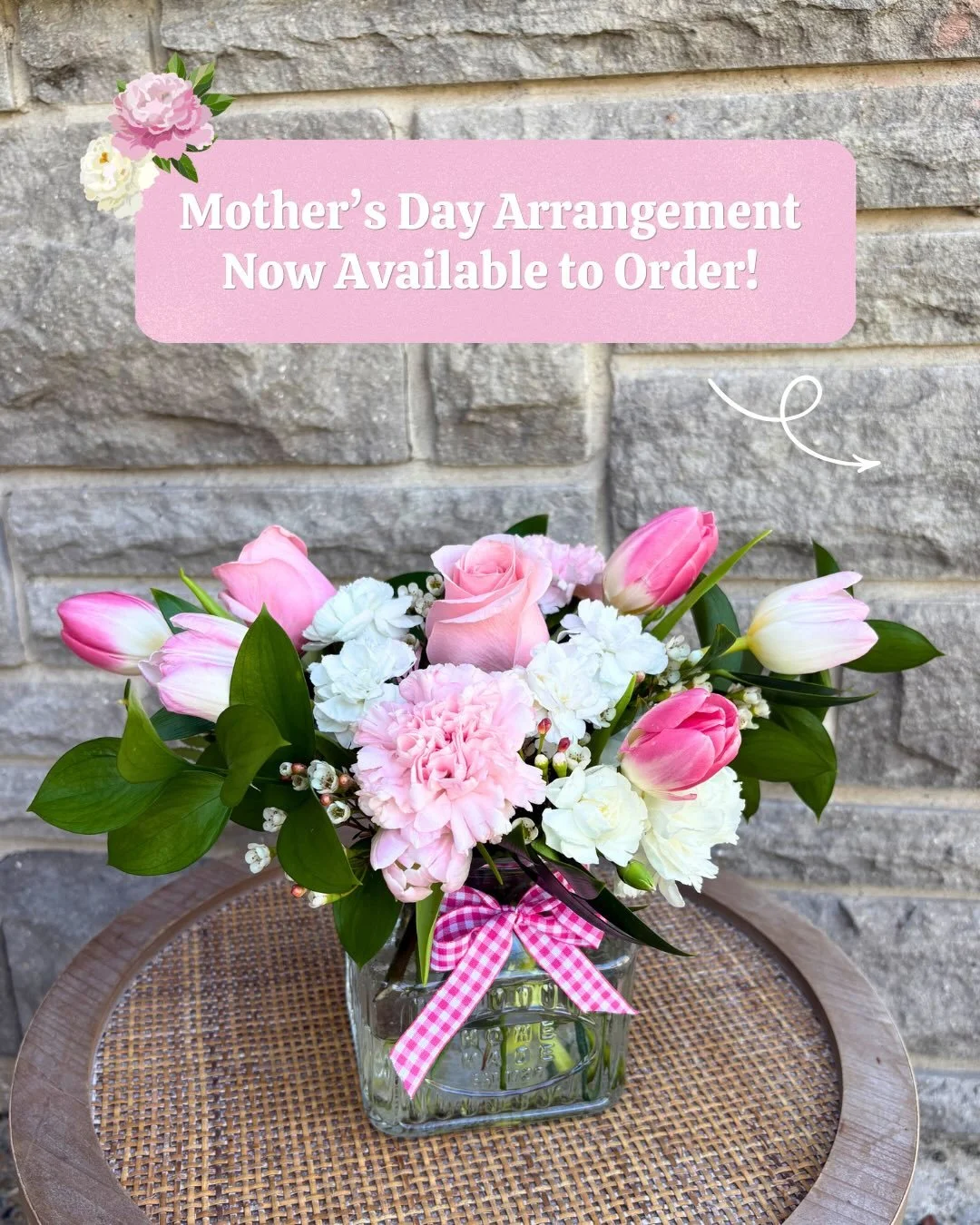 Mother&rsquo;s Day is right around the corner! Now accepting orders until Saturday, May 2nd. Pastel florals with a keep-sake glass container, boxed and wrapped for $65.

Available for pickup on May 9th. Limited quantities available, florals may diffe