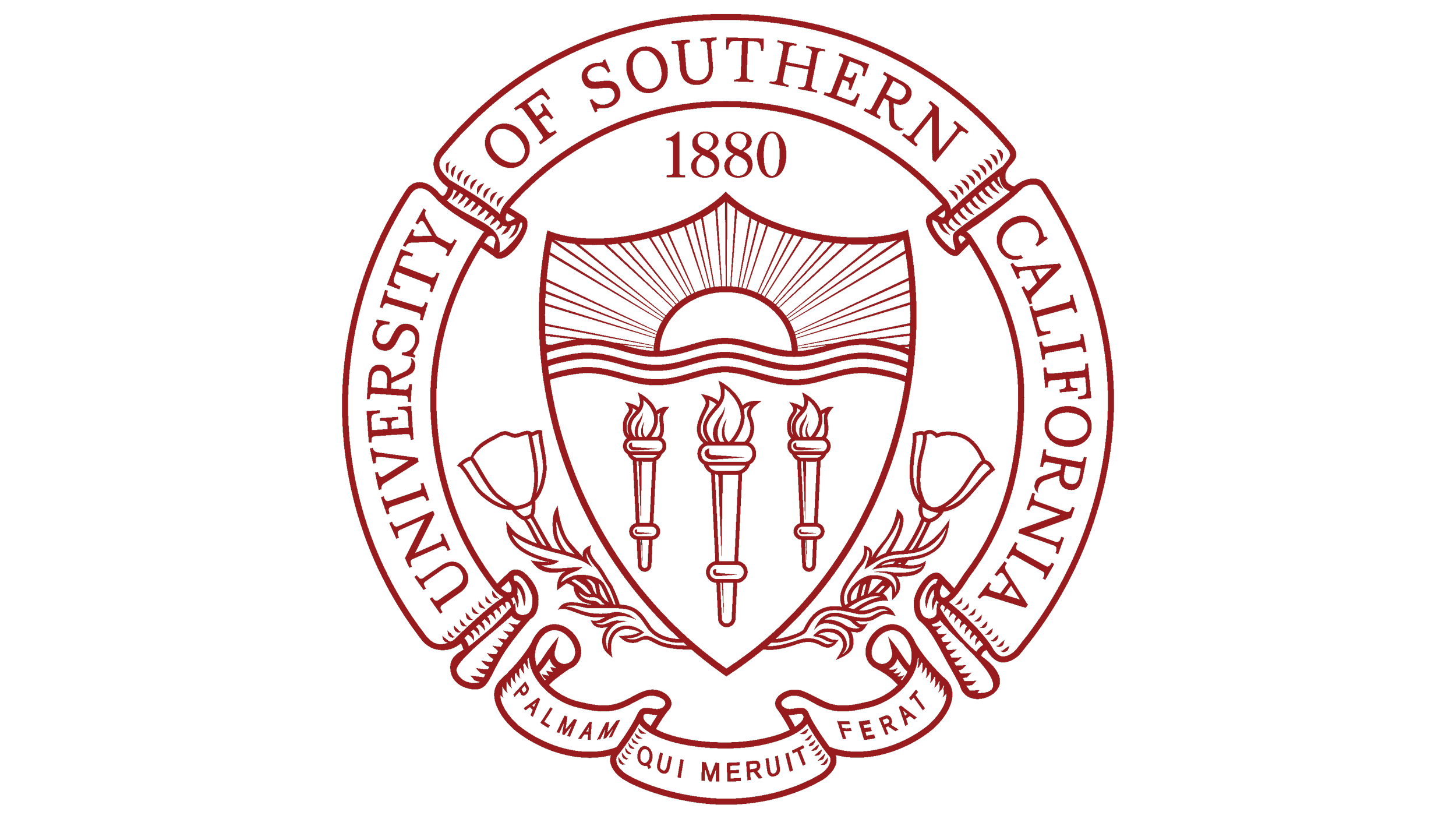 Seal of the University of Southern California with a sun rising over water and three torches, surrounded by the university's name, founding year 1880, and the Latin motto 'Palmam Qui Meruit Ferat'.