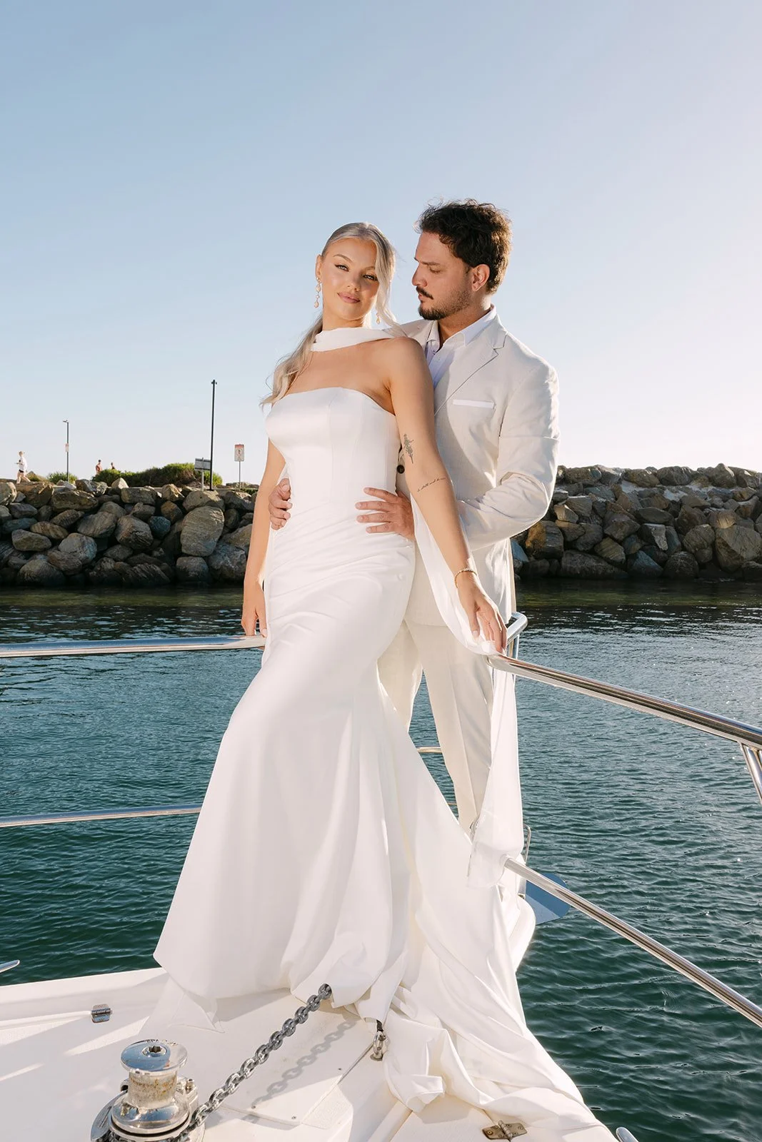 Full length Jane Hill wedding gown featured on luxury yacht bridal editorial