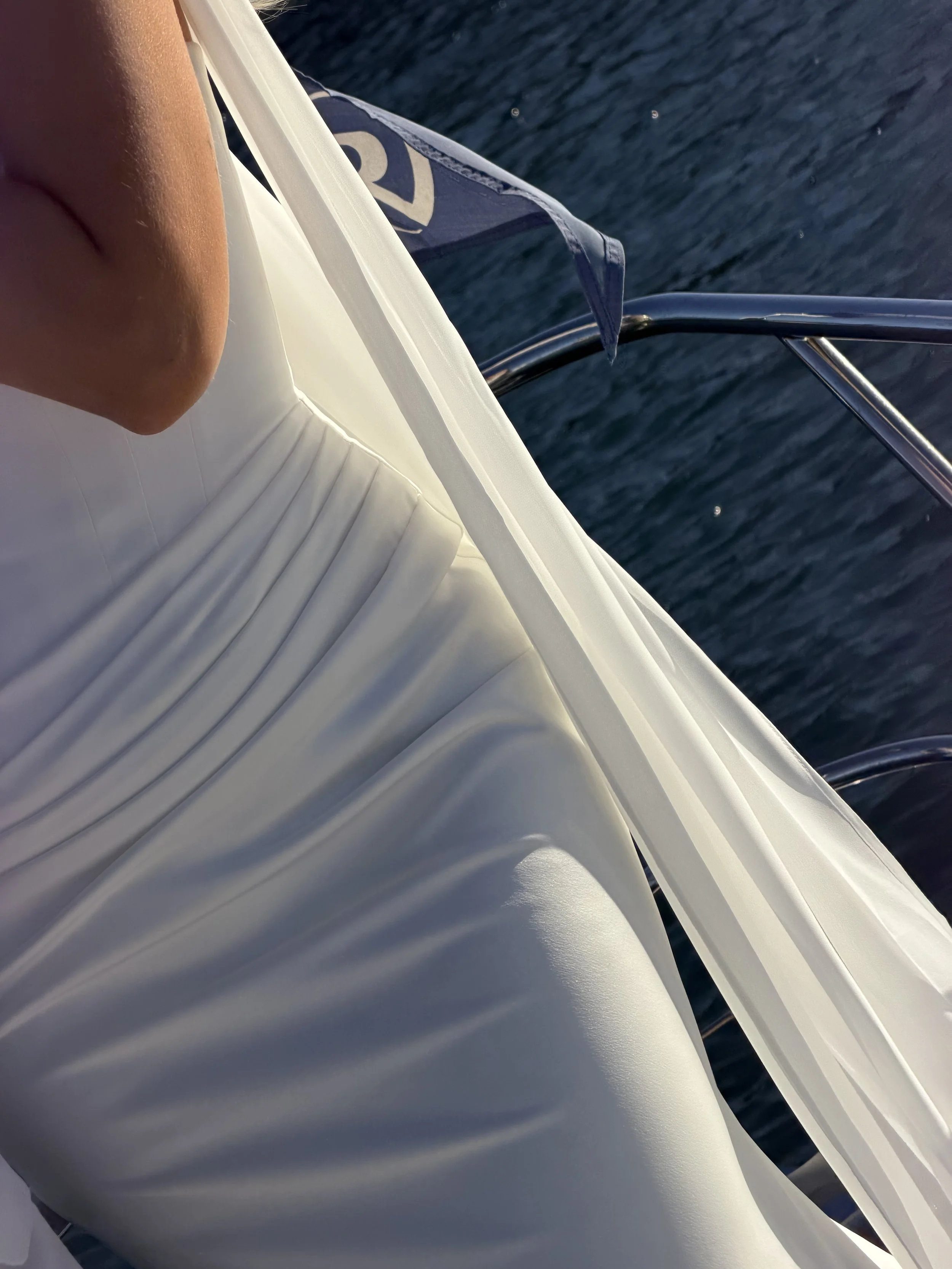 Close-up of Jane Hill wedding gown fabric and couture detailing