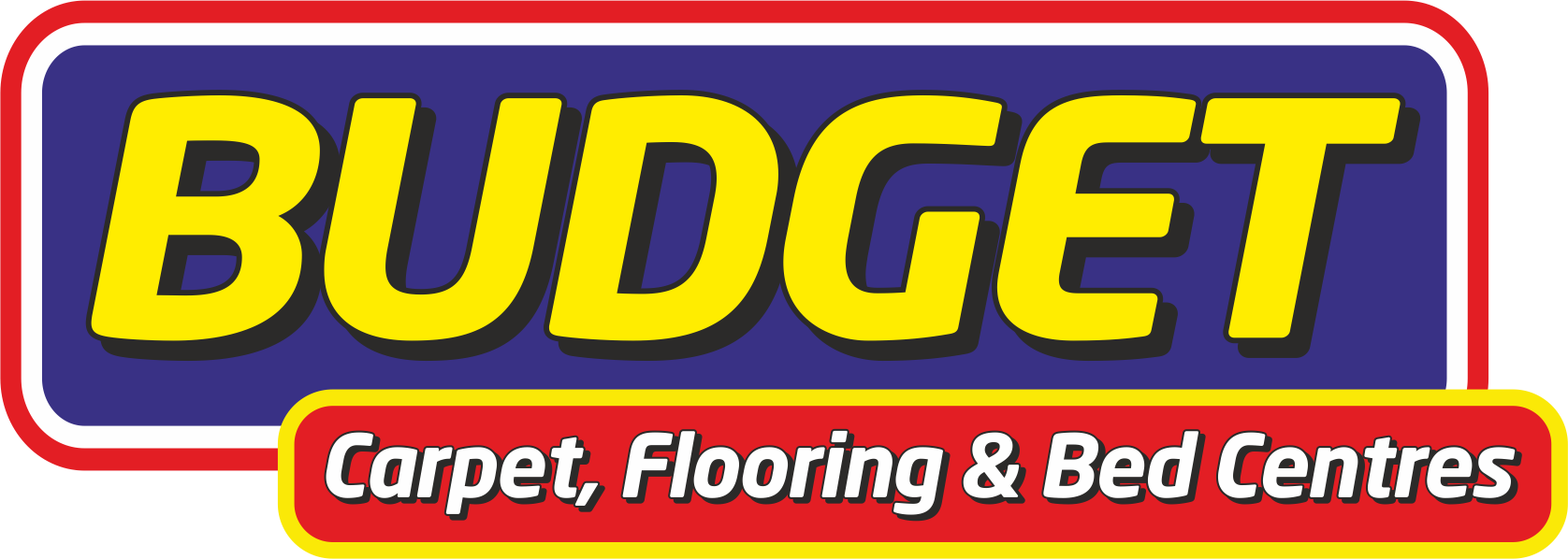 Logo for Budget Carpet, Flooring & Bed Centres with bold yellow text on a blue background.