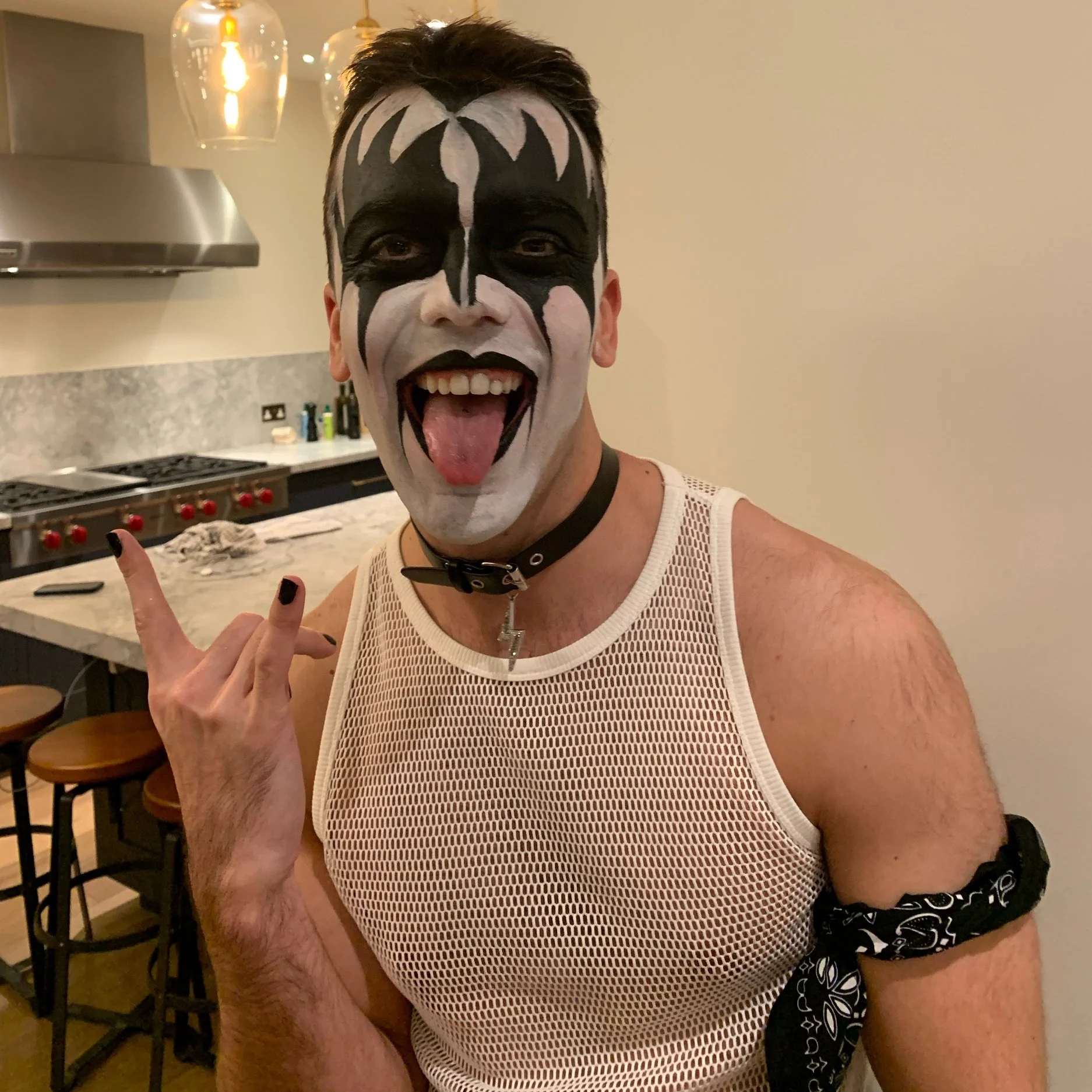 The photo captures an iconic Gene Simmons look from KISS, brought to life with Suhaila’s expert makeup artistry. The bold design and dramatic details recreate the legendary rock star’s signature style with striking accuracy.