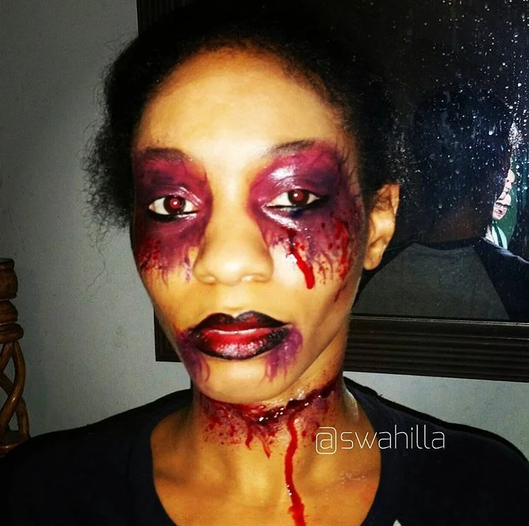 The photo features a haunting Corpse Bride Halloween look with special effects makeup by Suhaila, highlighting dramatic burst veins and a meticulously crafted slit neck. The detailed design adds a chillingly realistic touch to the eerie and captivati