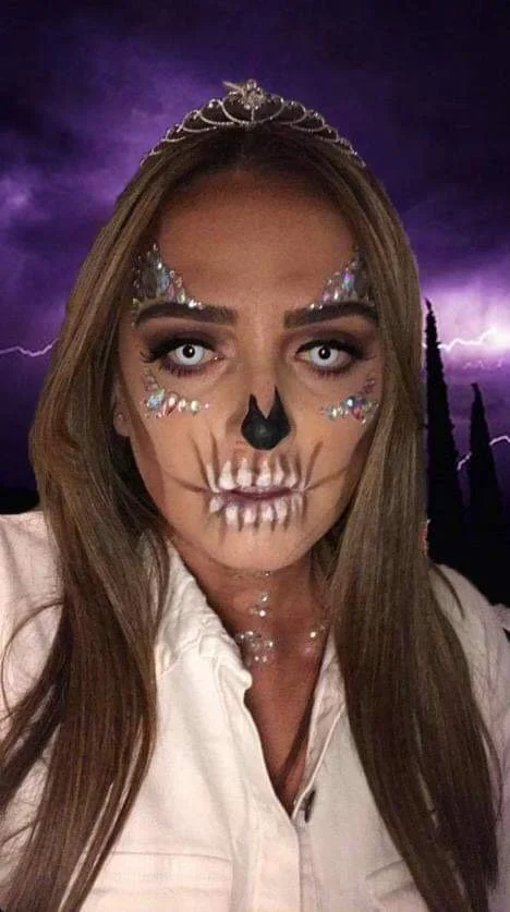 The photo features a striking Halloween look with a crystal natural skull design, expertly crafted by Suhaila. The intricate makeup combines ethereal crystals and realistic skull elements for a mesmerising and sophisticated effect.