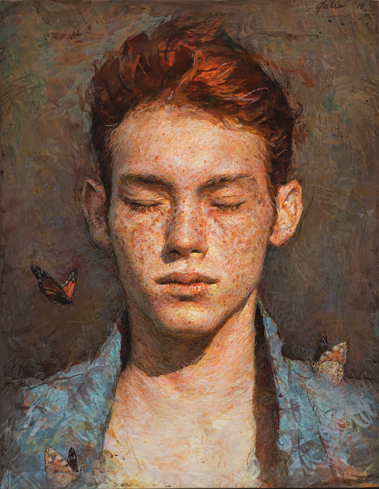 redheaded red head ginger red hair boy young man freckles art artwork painting paintings portrait monarch butterfly butterflies Julio Reyes blue red orange print collect sale