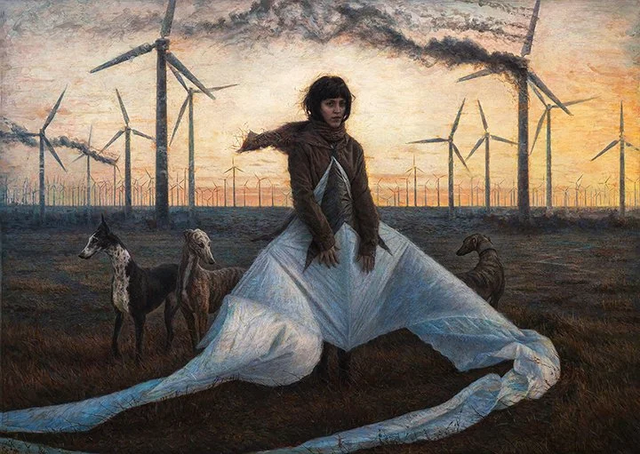 "Devil Winds" - Egg tempera over oil on panel by Julio Reyes.  Greyhounds, kites, wind farms on fire, climate change and an uncertain future