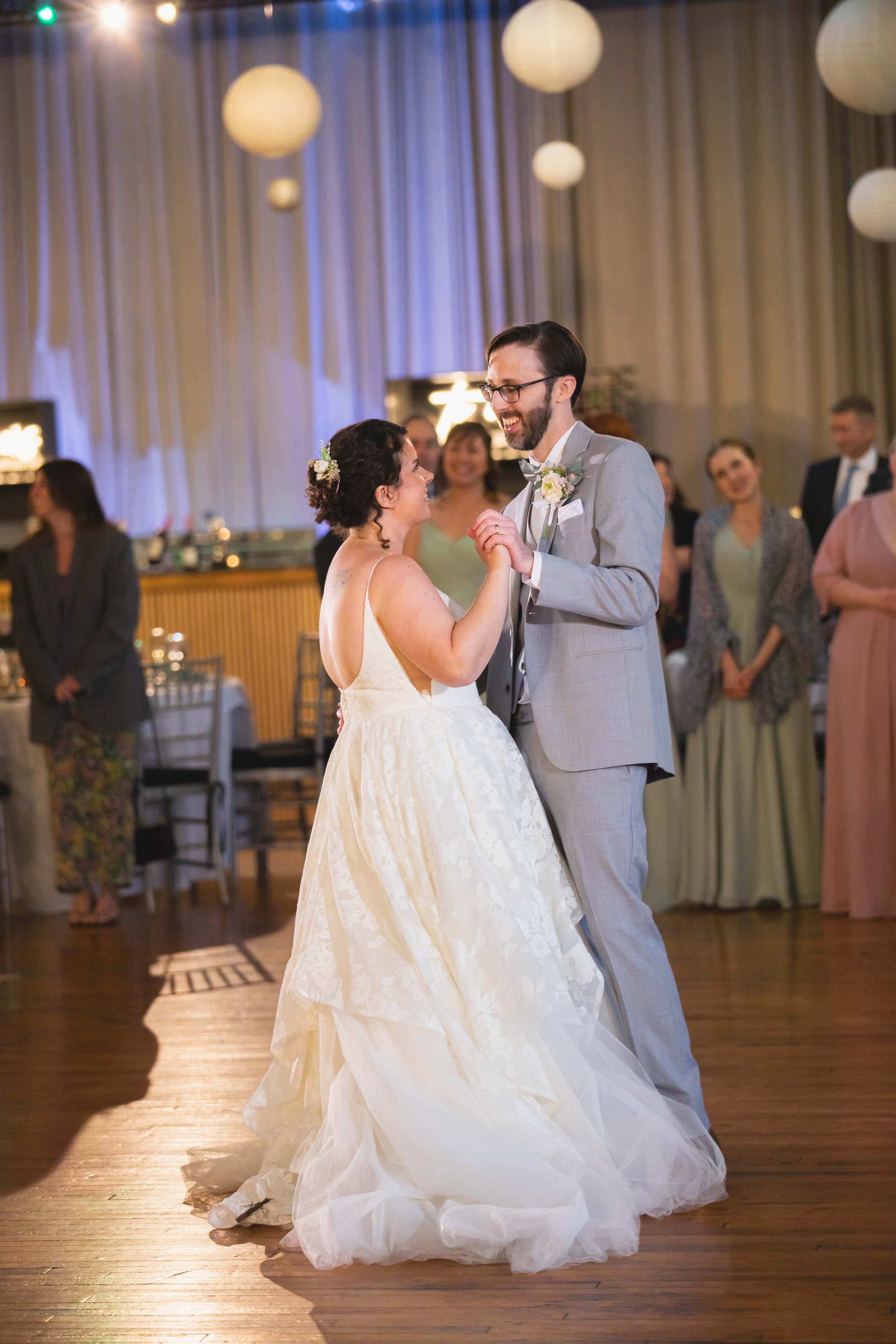bride and groom first dance at reception at Saugerties Performing Arts Factory chic industrial wedding venue in upstate NY