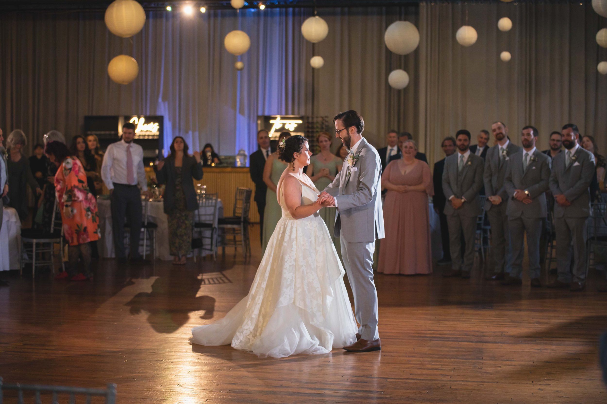 bride and groom first dance at reception at Saugerties Performing Arts Factory chic industrial wedding venue in upstate NY