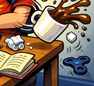 An individual knocking a coffee off of a table by accident