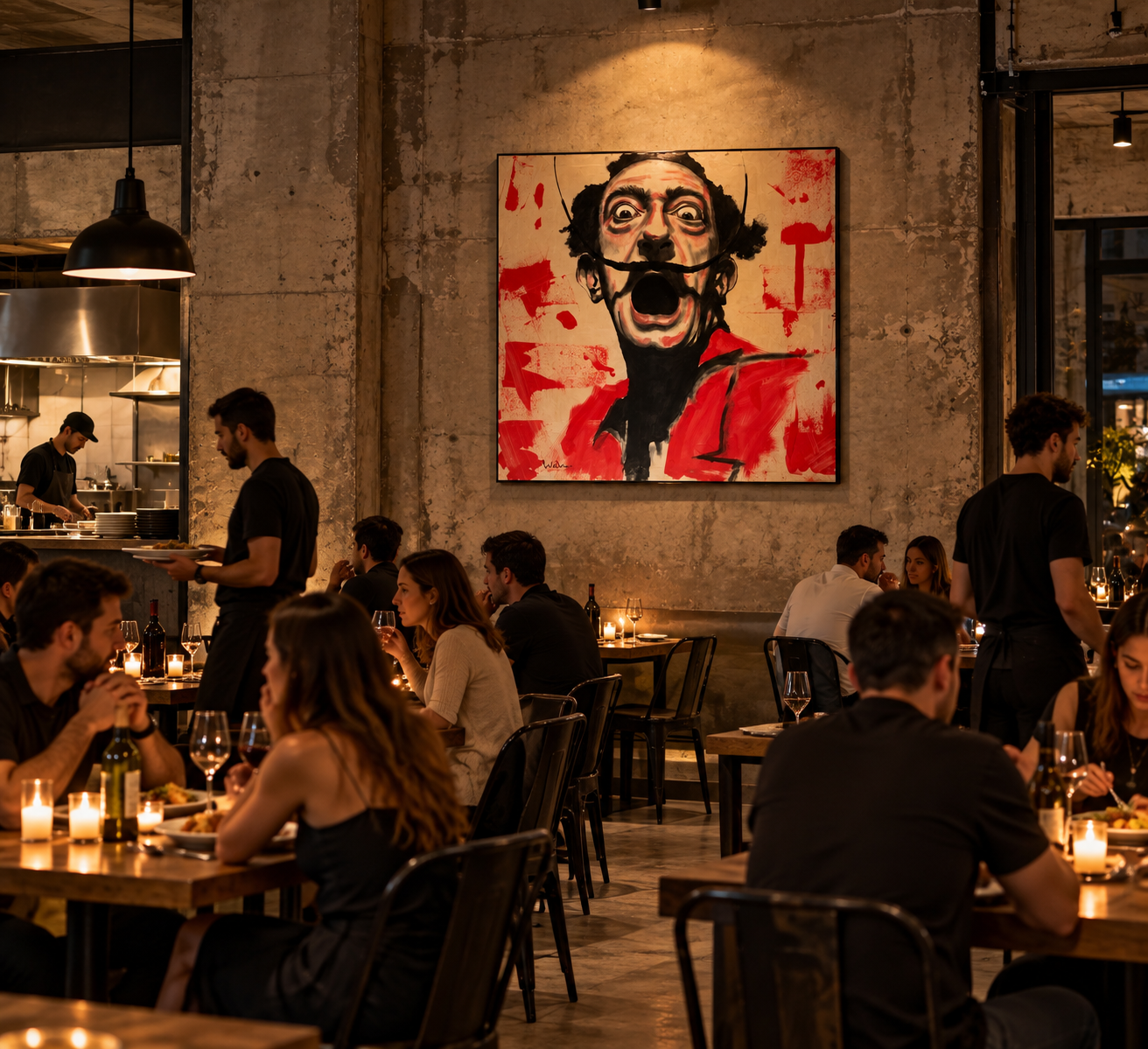 Cuadro Grita Dalí inspirado en Salvador Dalí, en acrílico sobre lienzo de 100x100 cm, presentado en un ambiente de restaurante.