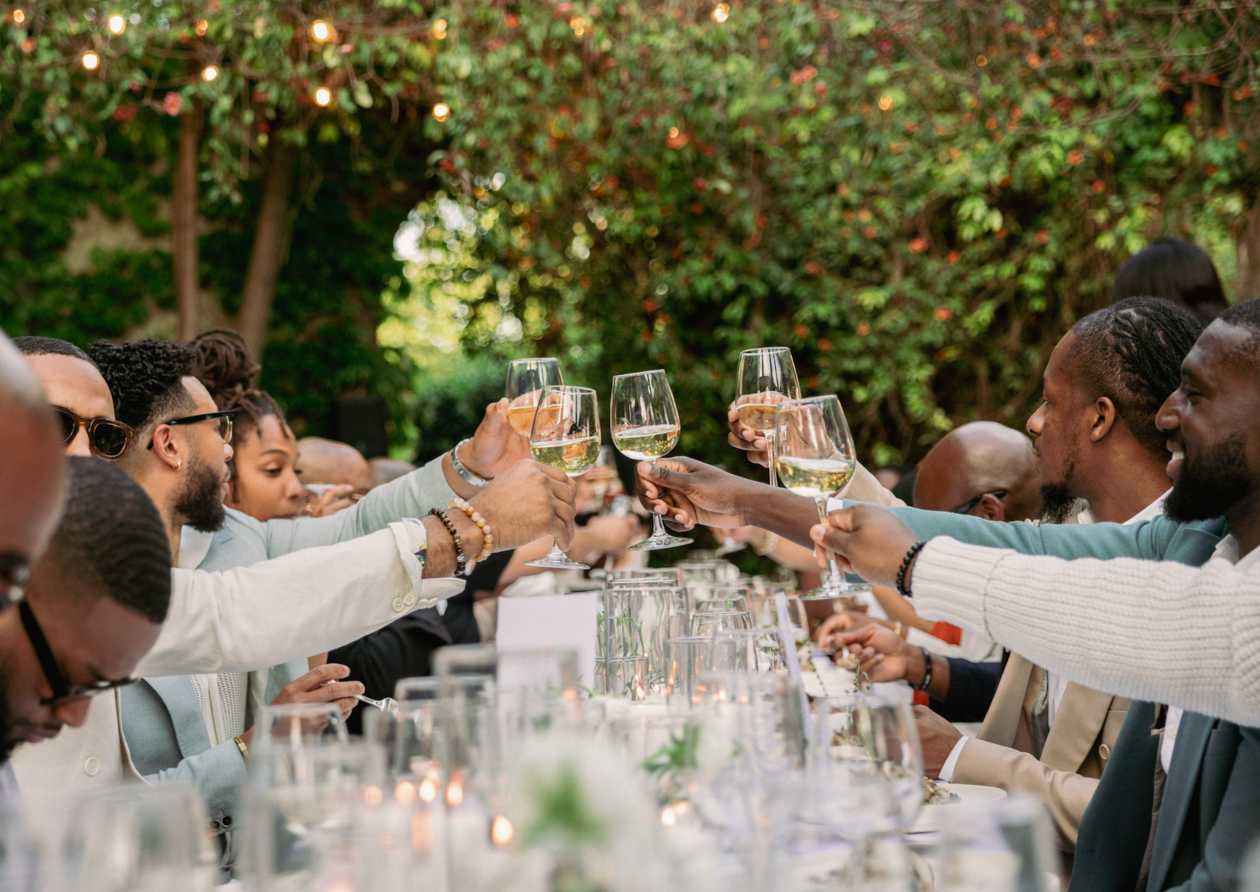 Group of diverse people raising wine glasses in a toast at a dinner party outdoors.