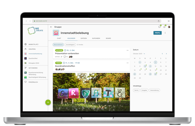 Kalender mit Terminen, Aufgaben und Veranstaltungen in WeCreate