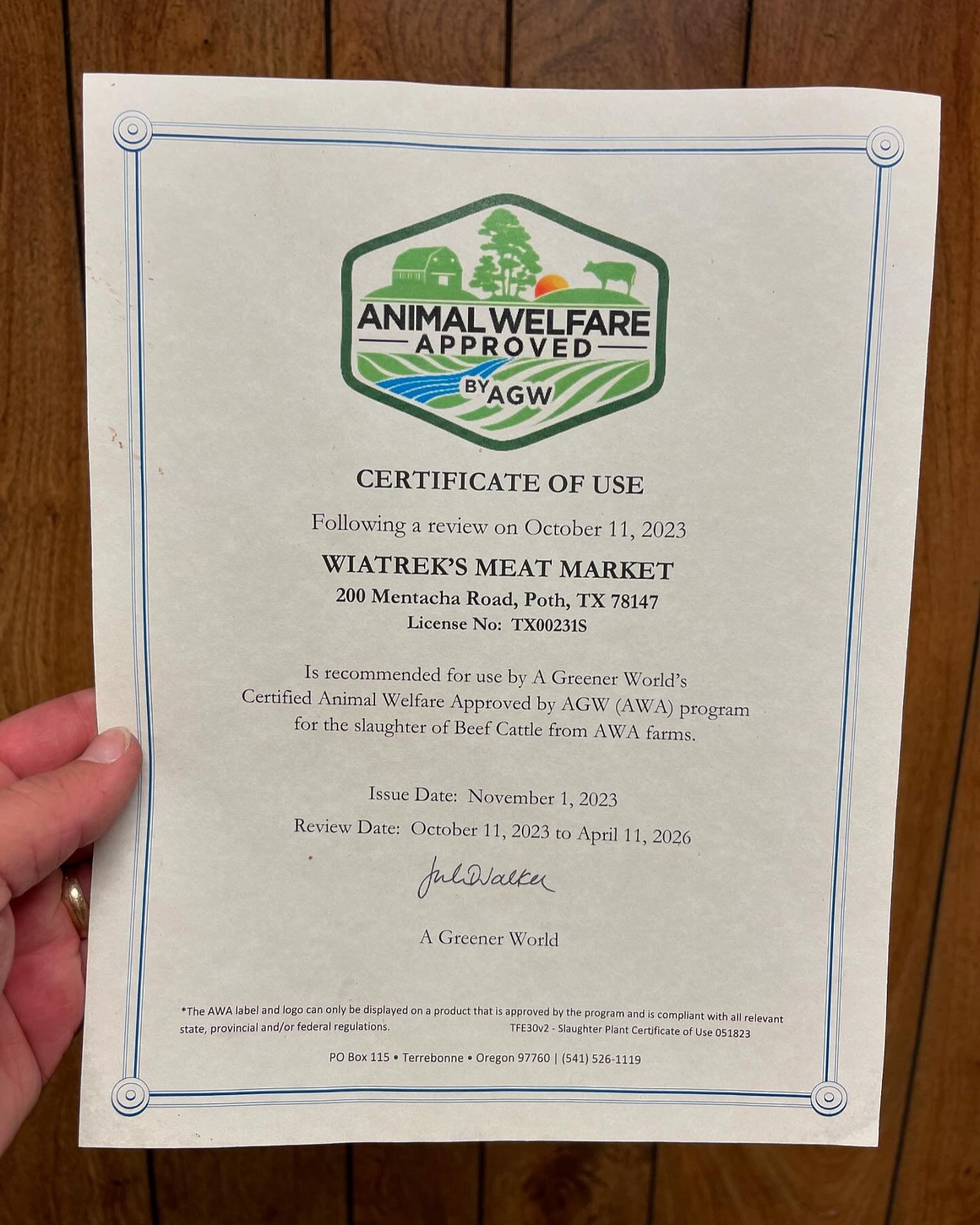 Wiatrek&rsquo;s Processing Plant in Poth is recognized as a humane slaughter facility by AGW. We are proud of our team for upholding these standards and passing the requirements necessary for this achievement. 

We are LOCAL. We are FRESH. We are HUM