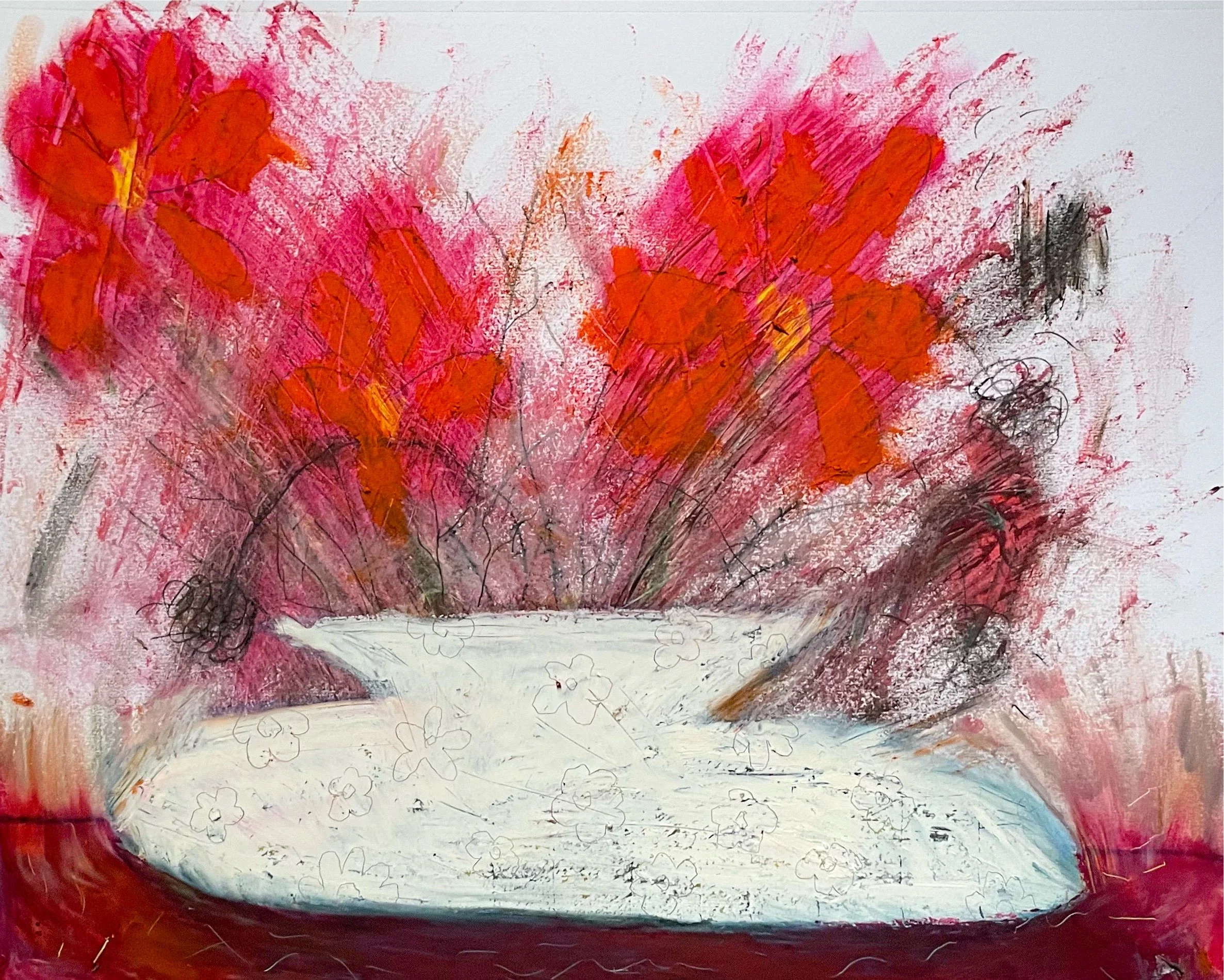 "Red Flowers In A White Vase On A Red Tablecloth," 2024, Oil Patel on Paper - 11" x 14"