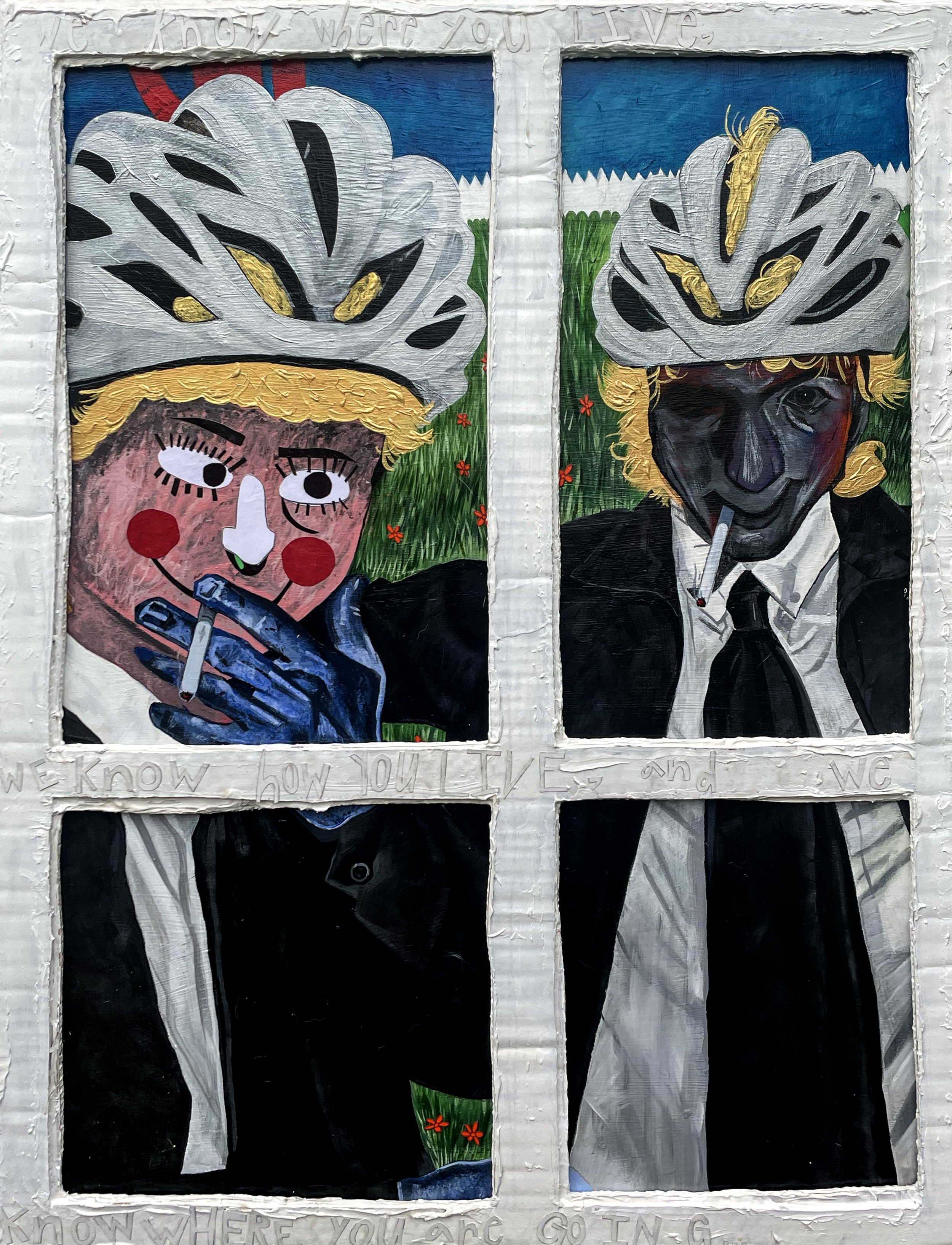 "The Mormons Are Here," 2023, Mixed Media on Wood Panel - 24" x 32"