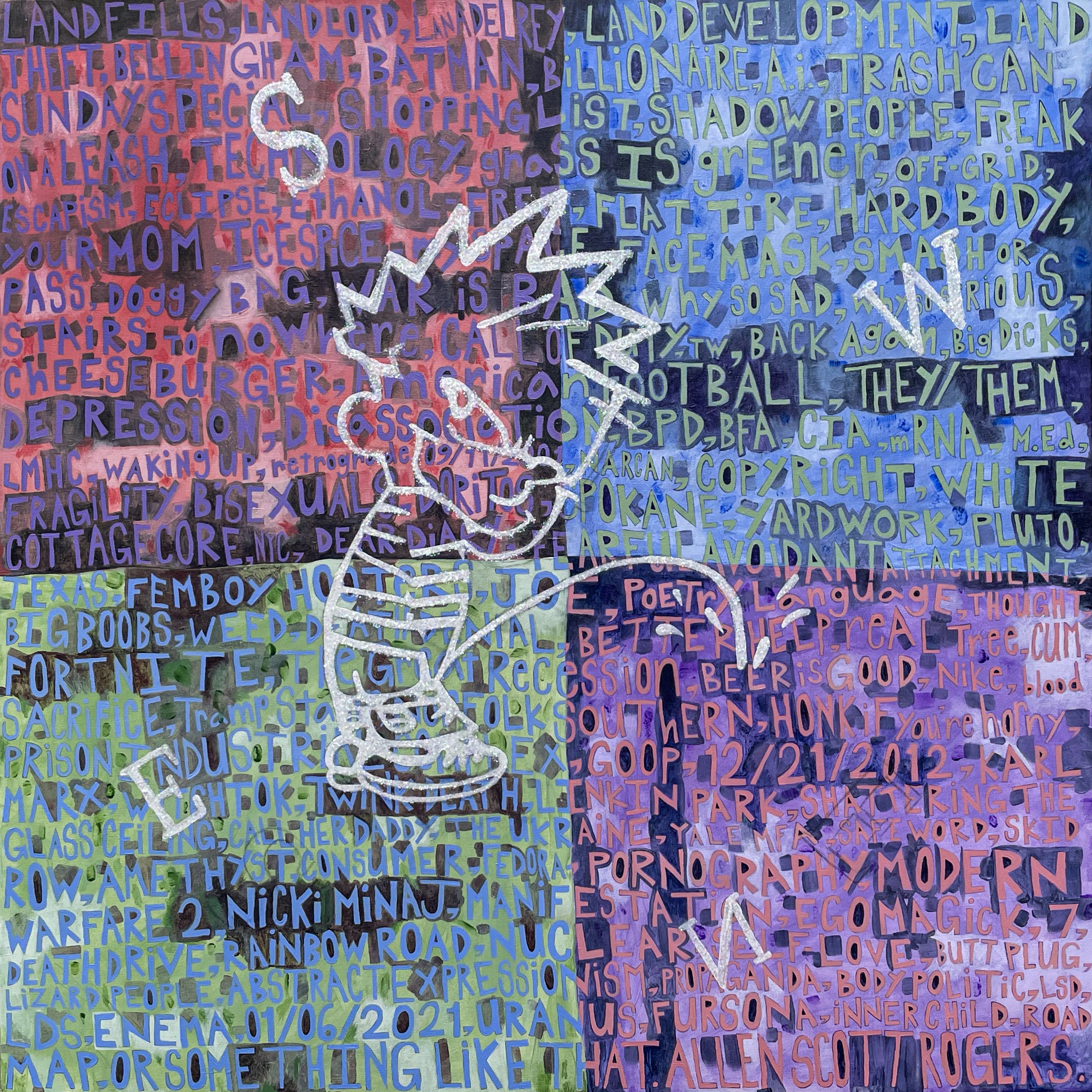 "My Copium Cum Piss Shat Turd," 2023, Mixed Media on Canvas - 36" x 36"