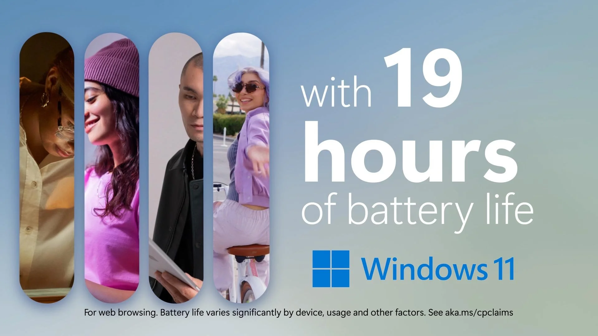 Promotional graphic highlighting that the battery life of Windows 11 varies, with images of diverse individuals using various devices and a Windows 11 logo at the bottom.