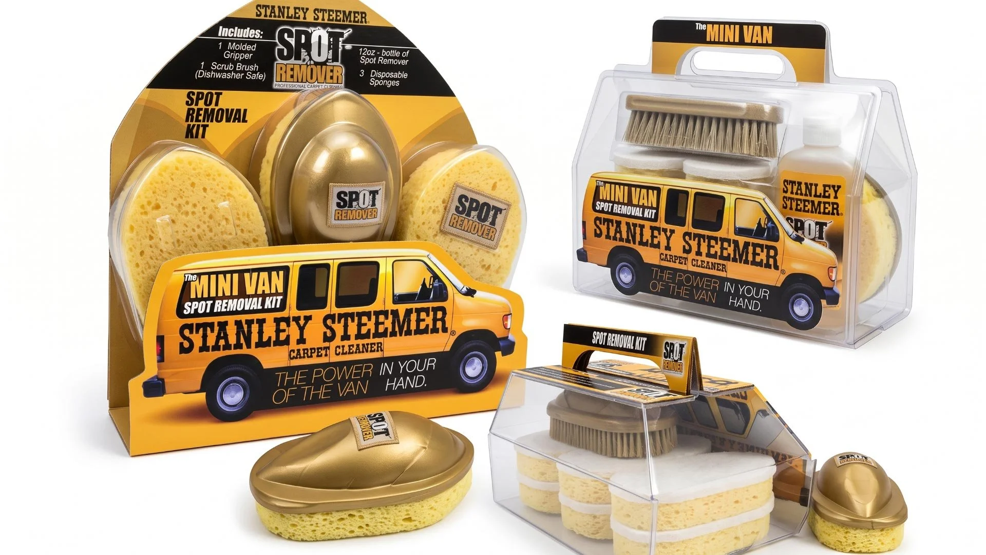 A carpet cleaning kit called Stanley Steemer Mini Van, includes a yellow van-shaped container, sponge, scrub brush, disposable sponges, a spray bottle, and a gold-colored sponge.