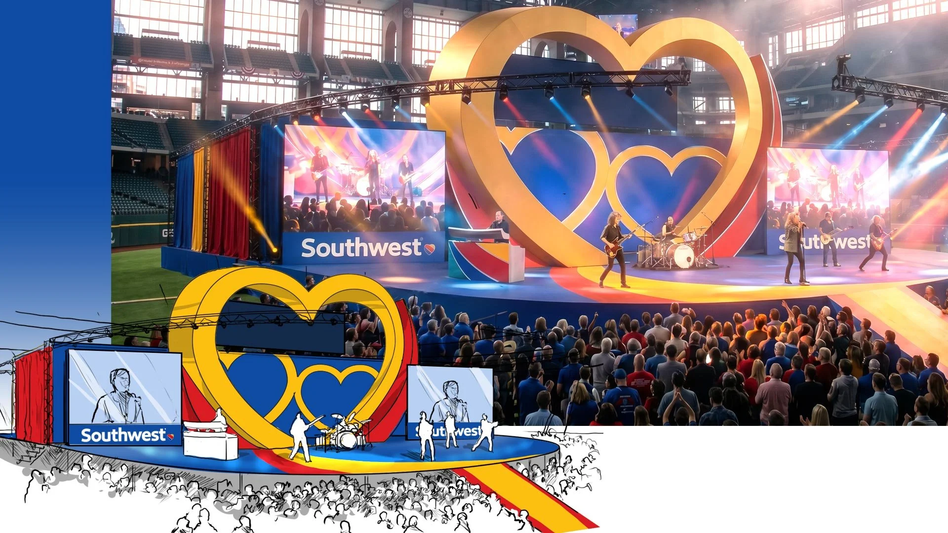 An indoor concert or event in a stadium with a large crowd. The stage features a band performing with guitars and drums, a large decorative heart in the background, and screens displaying the performance. Branding for Southwest Airlines is visible on the stage. The atmosphere is lively with colorful lighting and fog effects.