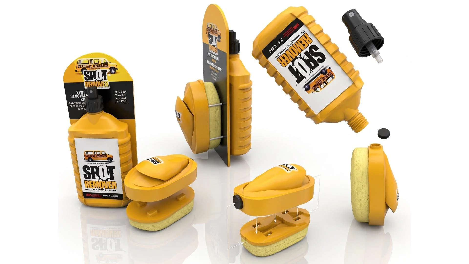Disassembled Stanley Steemer Spot Remover cleaning kit with yellow bottles, foam applicator pads, and a spray nozzle.