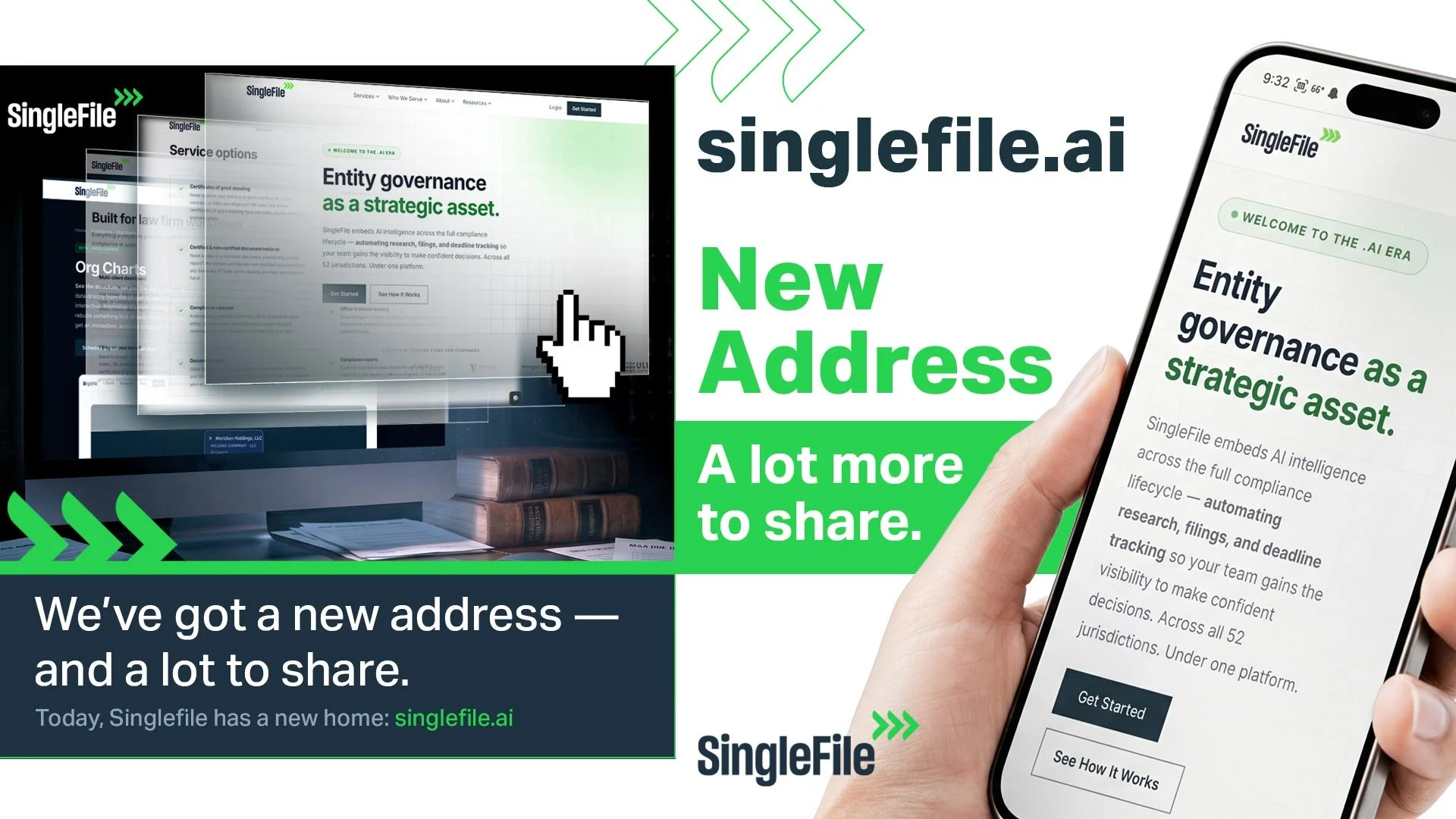 A promotional graphic for SingleFile AI featuring the company's new website address, singlefile.ai. It shows a computer monitor and a hand holding a smartphone with the SingleFile website displayed. The text highlights the launch of the new website and emphasizes sharing and the company's AI embedment services.