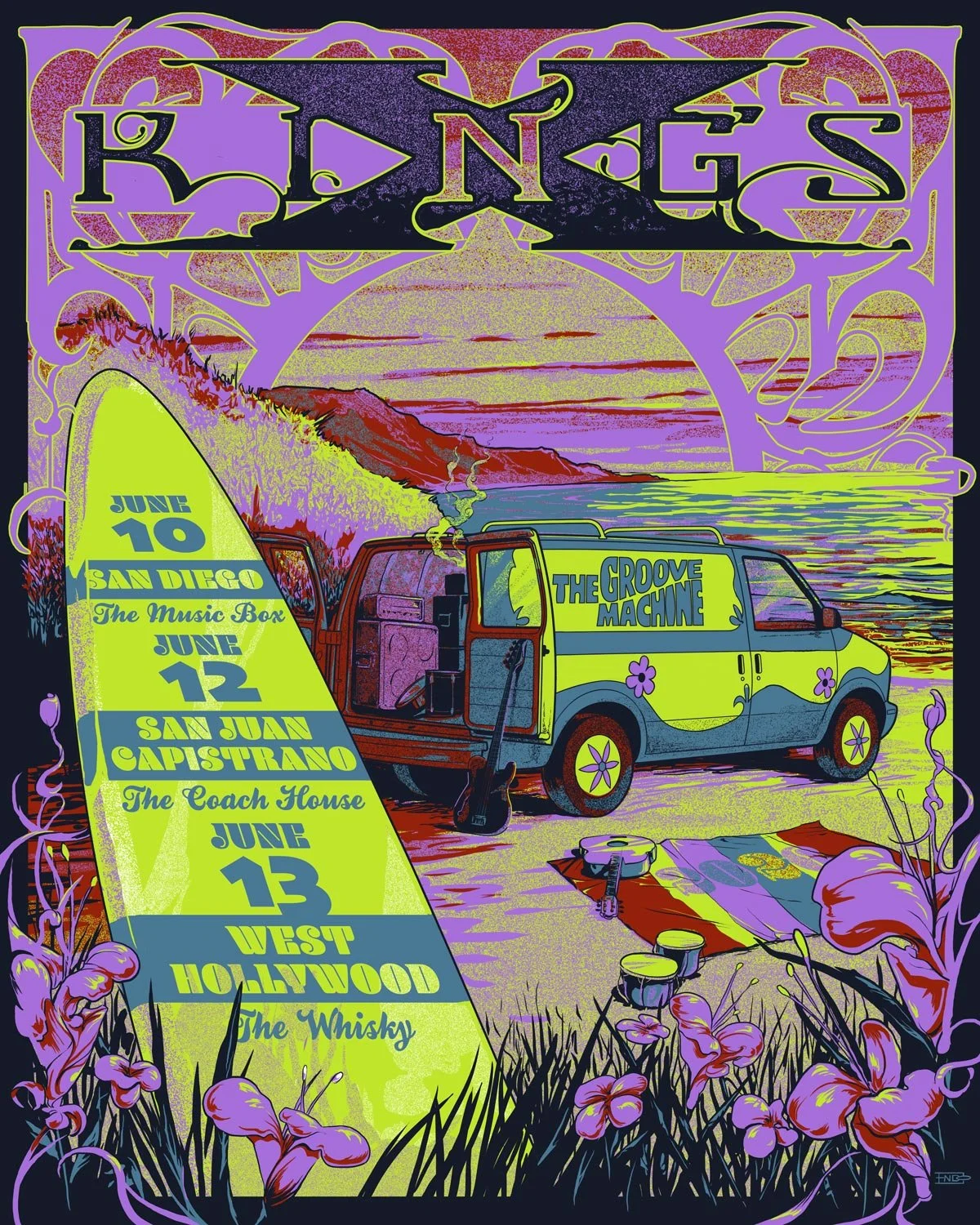 Colorful poster for a music event with a van labeled 'The Groove Machine' parked on a beach at sunset, surrounded by flowers, a guitar, and a picnic setup. The poster lists dates and locations for various performances in San Diego, San Juan Capistrano, and West Hollywood.