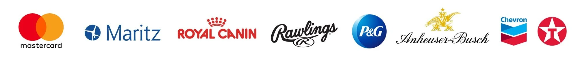 Logos of Mastercard, Maritz, Royal Canin, Rawlings, P&G, Anheuser-Busch, Chevron, and Texaco arranged in a row.