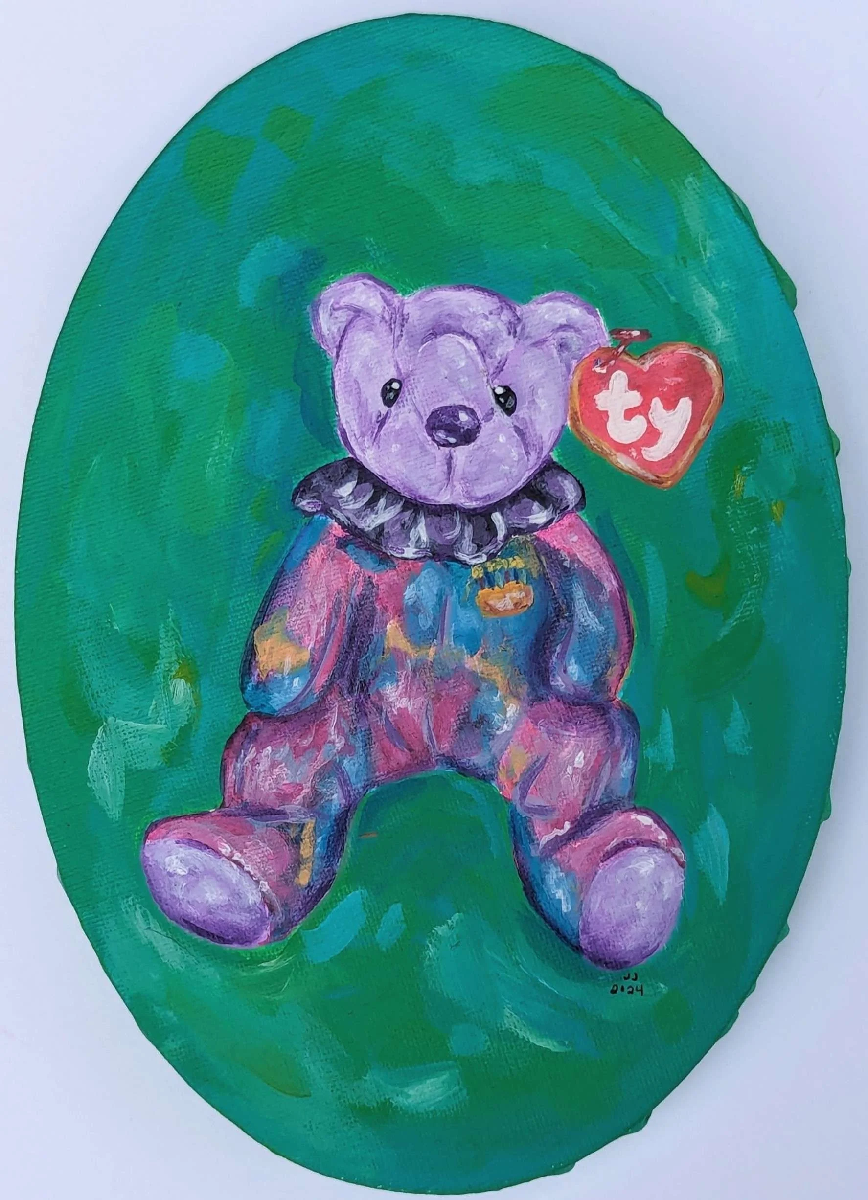 "Birthday Beanie (February)", 2024. 5" x 7". Acrylic on canvas.