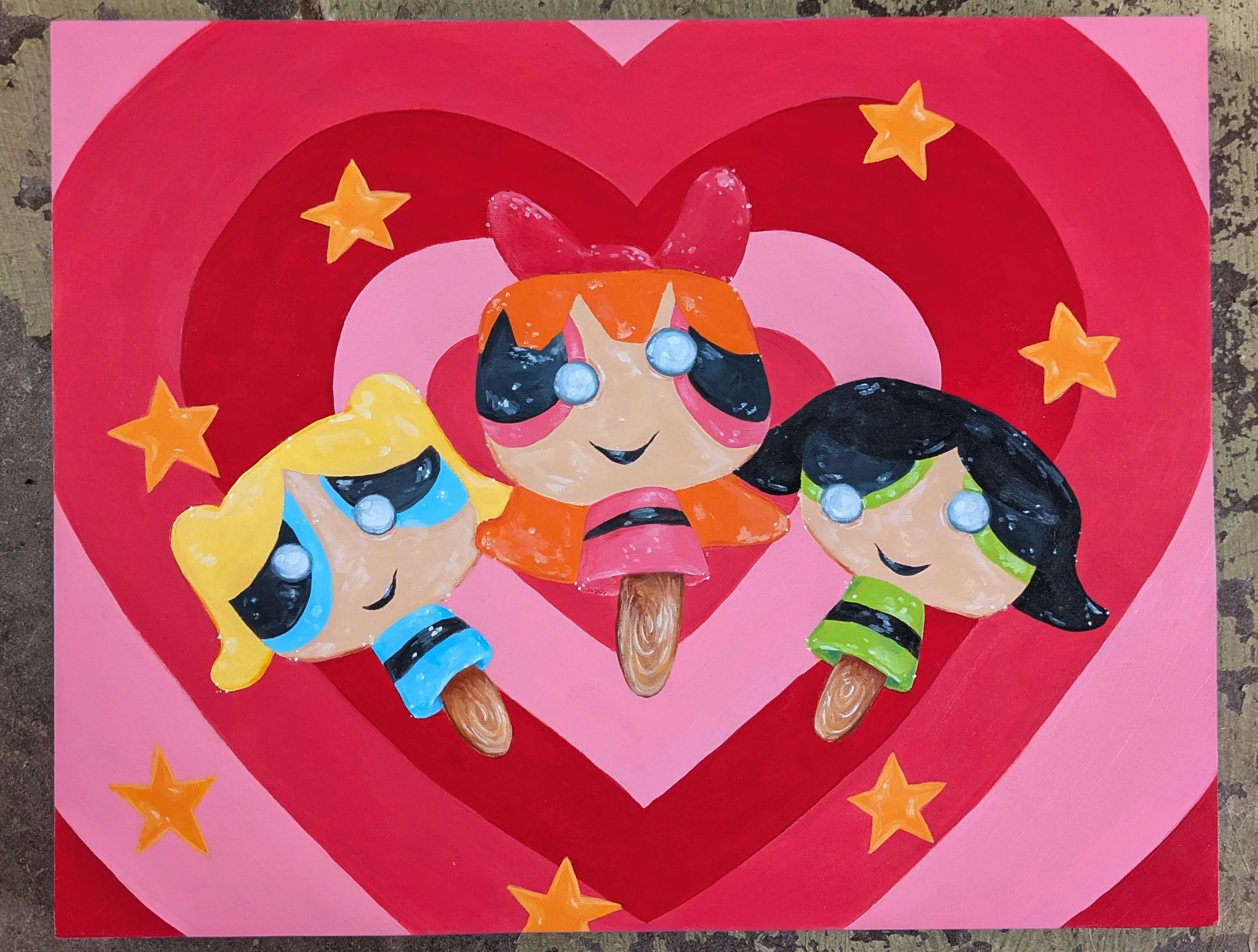 "Powerpuff Girls Pops", 2026. 11" x 14". Acrylic on wood.
