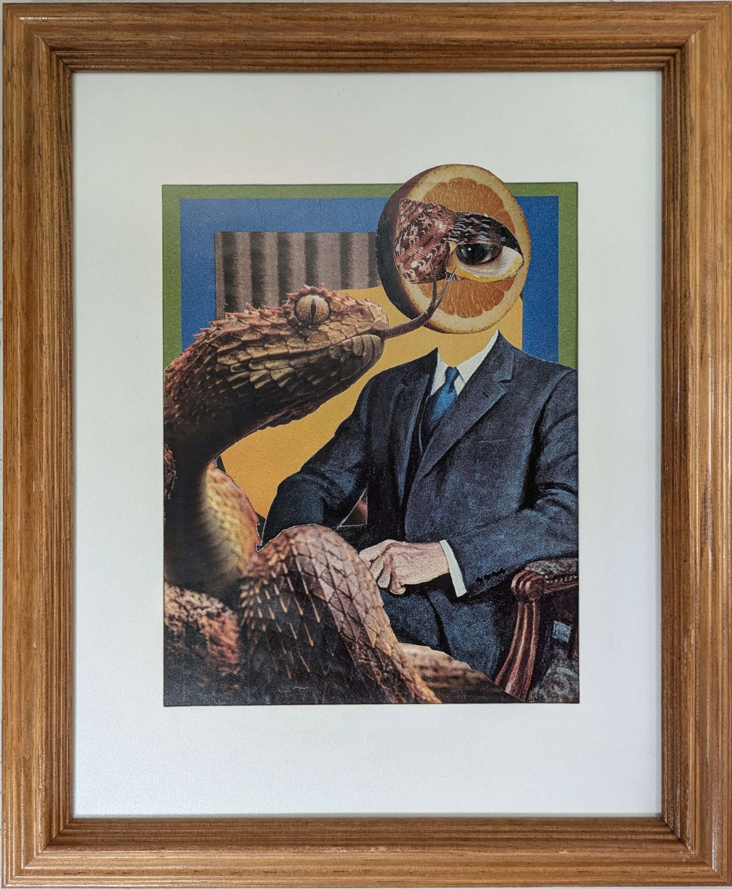"Deity Downtime (featuring their pet)", 2025. Matted to 7.5" x 9.5". Magazine and scrapbook paper.