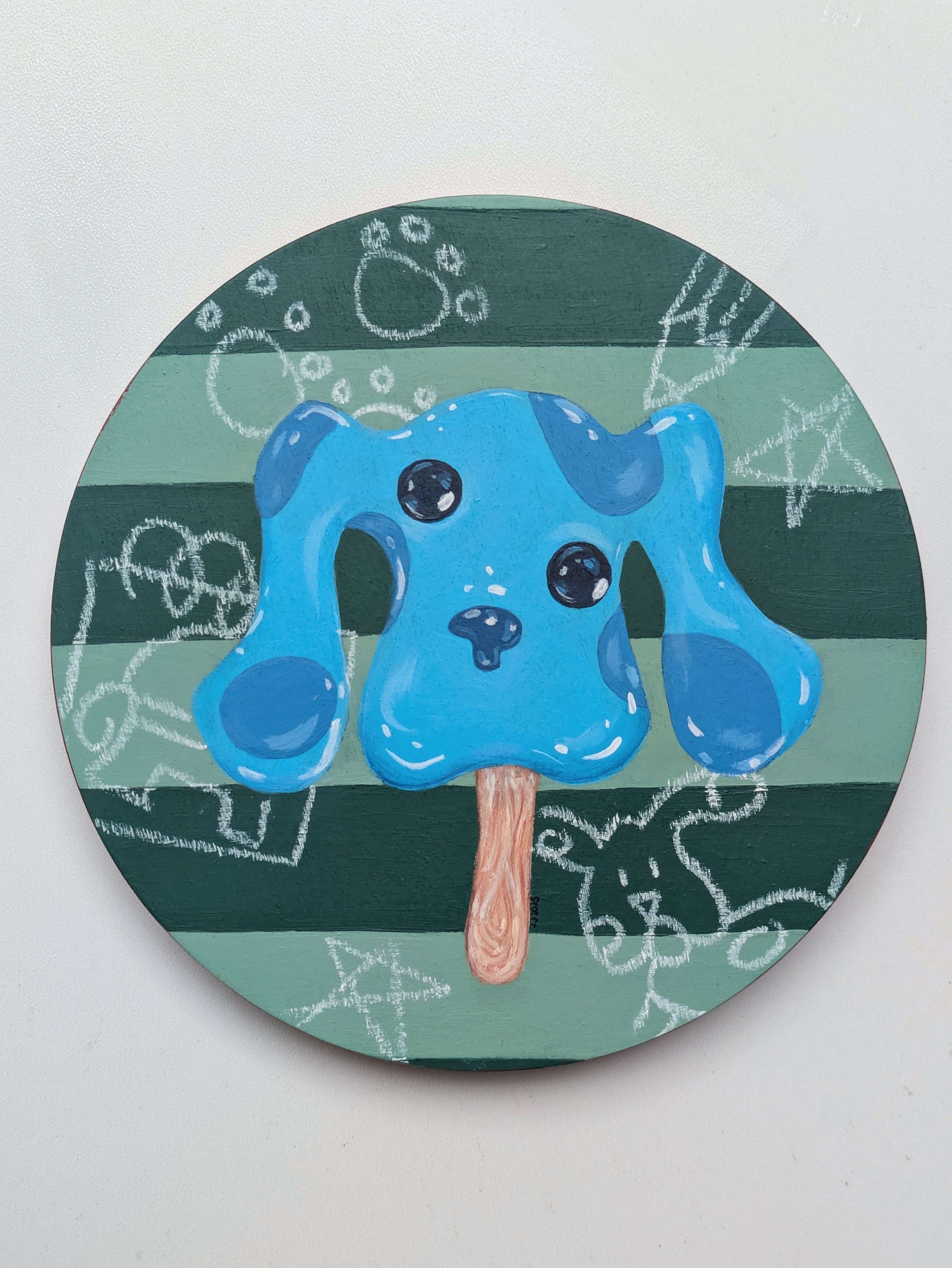 "Blue's Summer Special", 2025. 8" diameter. Acrylic and crayon on wood.