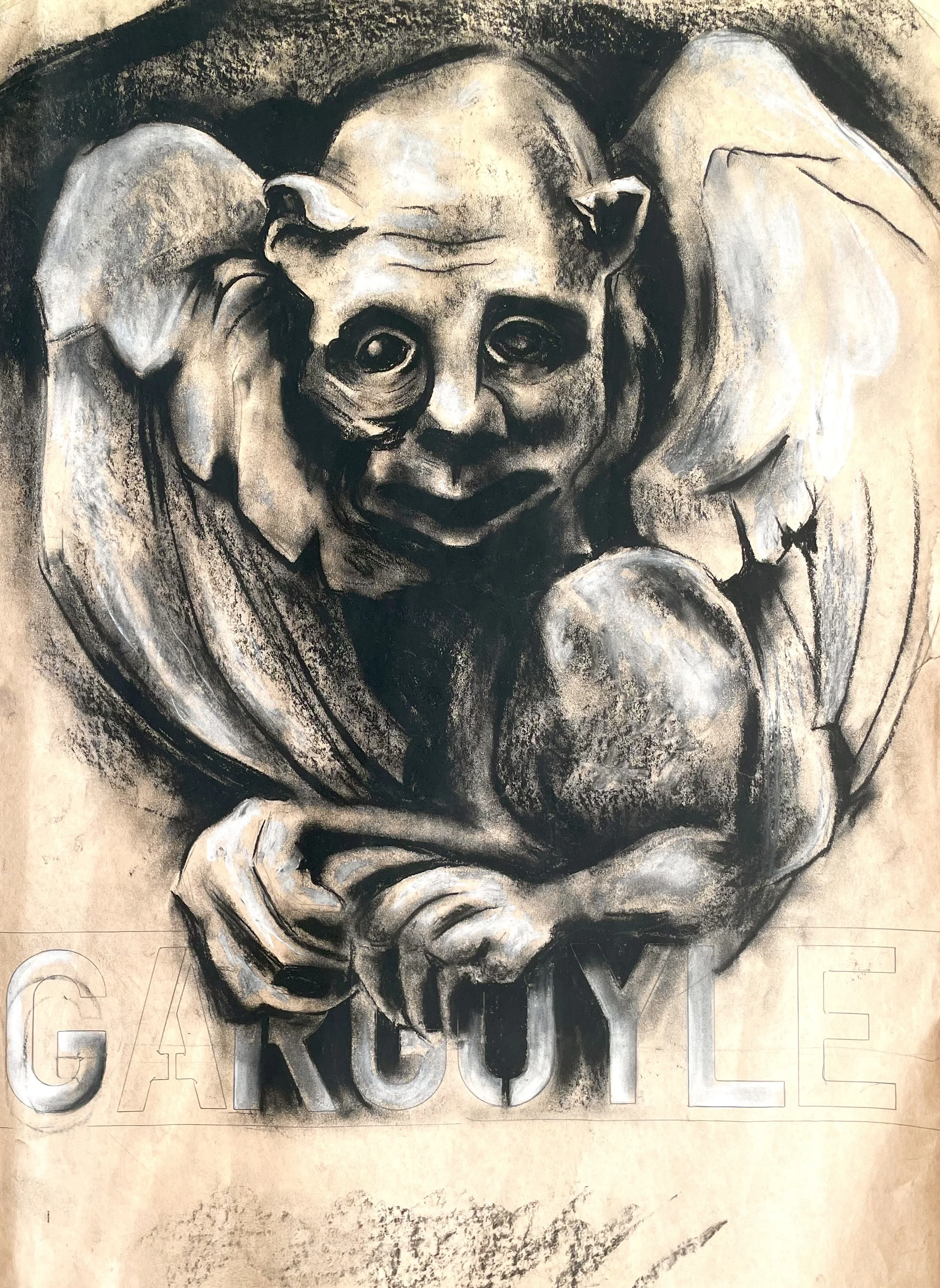 Gargoyle. Charcoal and chalk on brown paper.