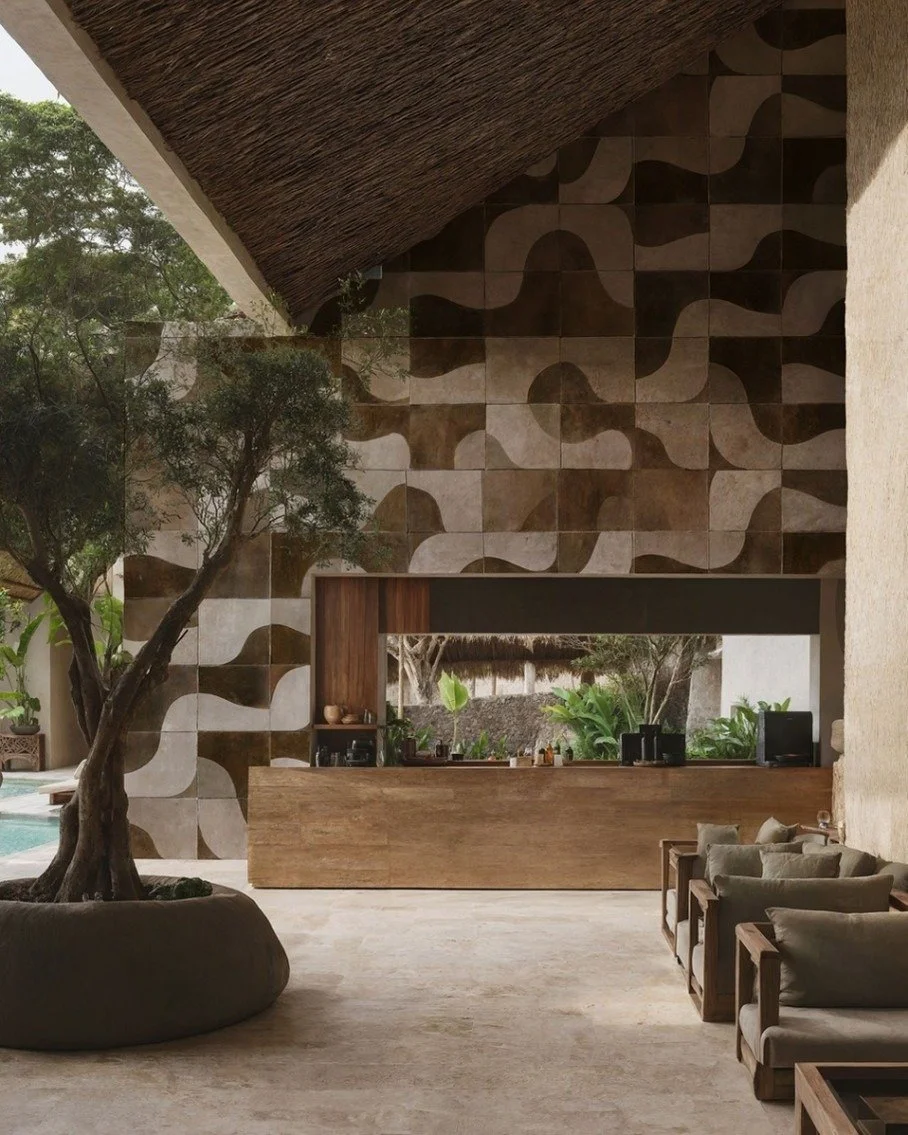 An outdoor environment becomes an extension of interior intention when surface and setting are conceived as one. Cinnamon Shadows from the OUT System by @wallanddeco brings contemporary graphic depth outdoors with weather-resistant wallpaper that wit
