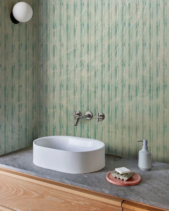 Waterproof wallpaper revolutionizing Naples bathrooms. @Wallanddeco's Aquabout WET SYSTEM&trade; won the Red Dot Design Award 2025 for bringing decorative wallcovering to spaces traditionally off-limits&mdash;showers, spas, kitchens. This patented th