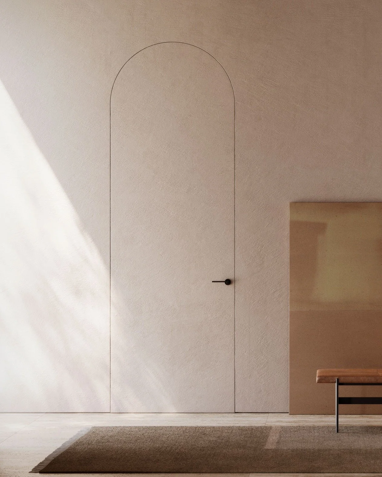 The door dissolves into architecture. @vivaporte's V0 Arco system features invisible frame construction&mdash;58mm thickness meeting wall surface in seamless coplanar alignment. The arched profile introduces classical gestures within a contemporary m
