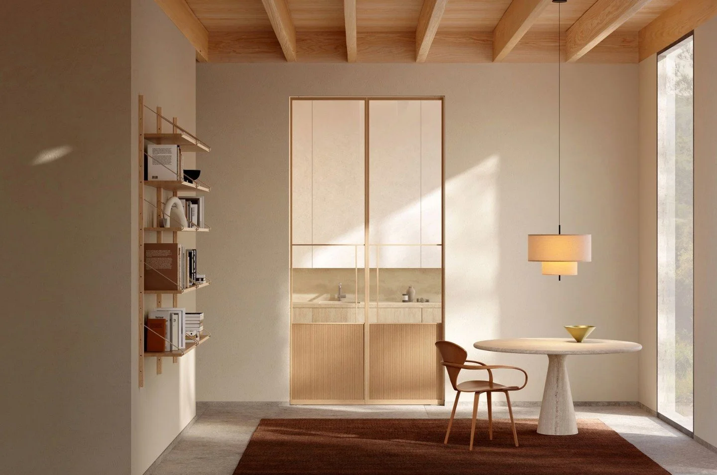 The Bella Pivot door by @vivaporte embodies a refined approach to contemporary architecture through its seamless integration of material, transparency, and form. Defined by an aluminum profile clad in light oak veneer and paired with extra clear glas