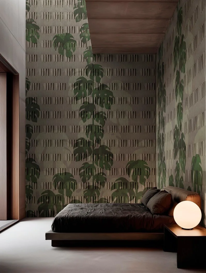 The Deco XL wallcovering by @wallanddeco transforms the bedroom into an immersive architectural experience, where texture, pattern, and nature-inspired forms exist in perfect harmony. Overscaled botanical motifs unfold across the surface with quiet s